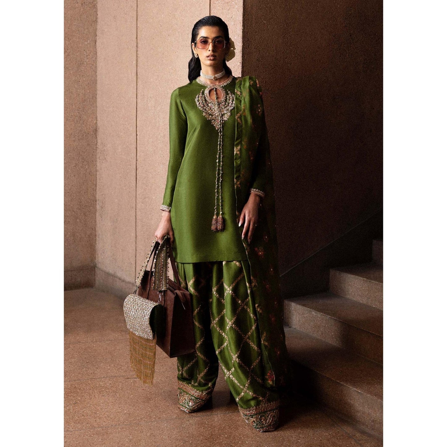 • Clothing: Embroidered/Printed suit for women - Made of best quality fabric - lawn or linen or chiffon - pure silk - Available at Najma Designs & Co. • Jewelry: Gold - plated stud earrings Green Embellished Eid Ensemble – Designer Inspired – Najma Designs Co Ramadan & Eid Collection USA & Canada
