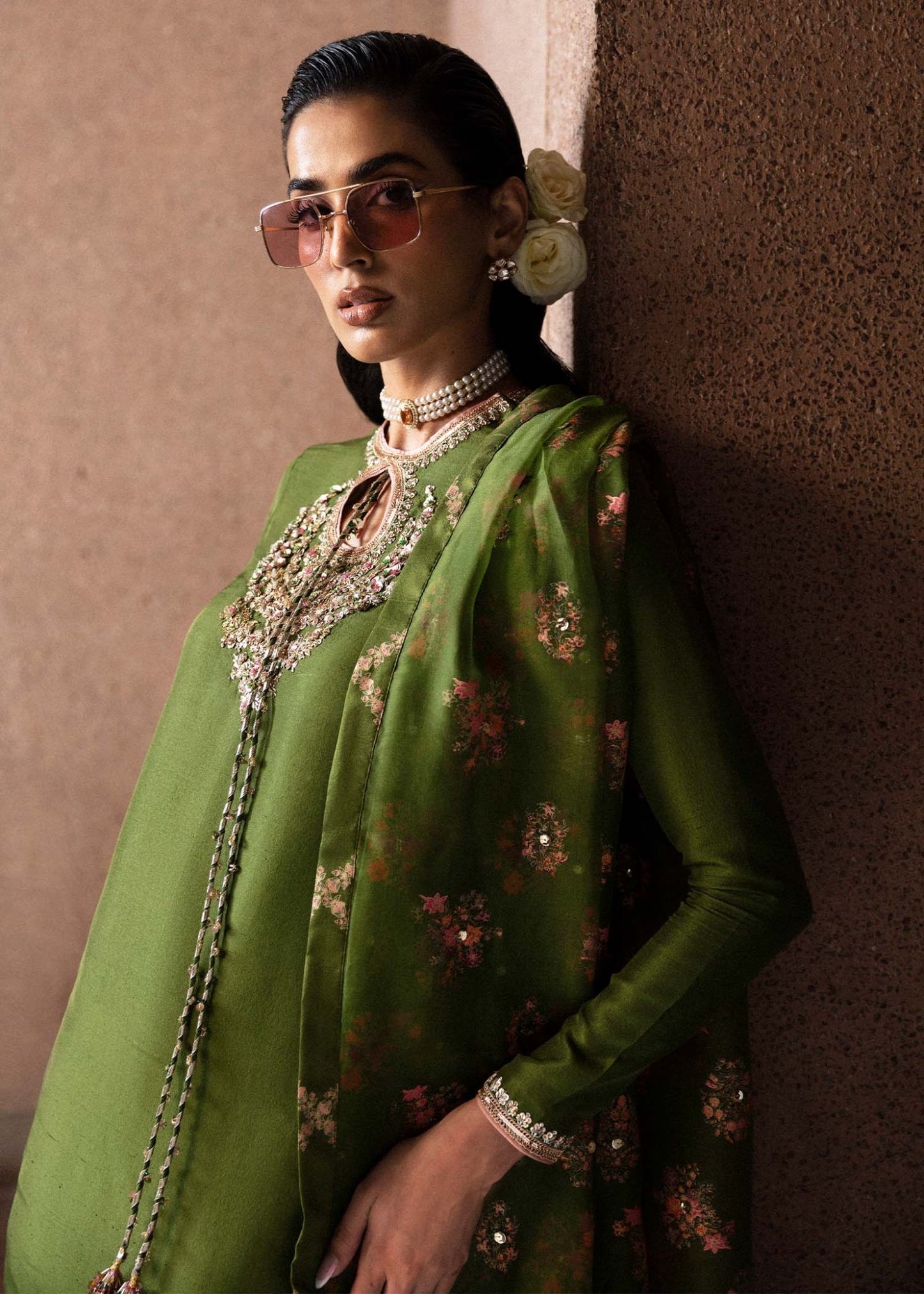 • Clothing: Embroidered/Printed suit for women - Made of best quality fabric - lawn or linen or chiffon - pure silk - Available at Najma Designs & Co. • Jewelry: Gold - plated stud earrings for