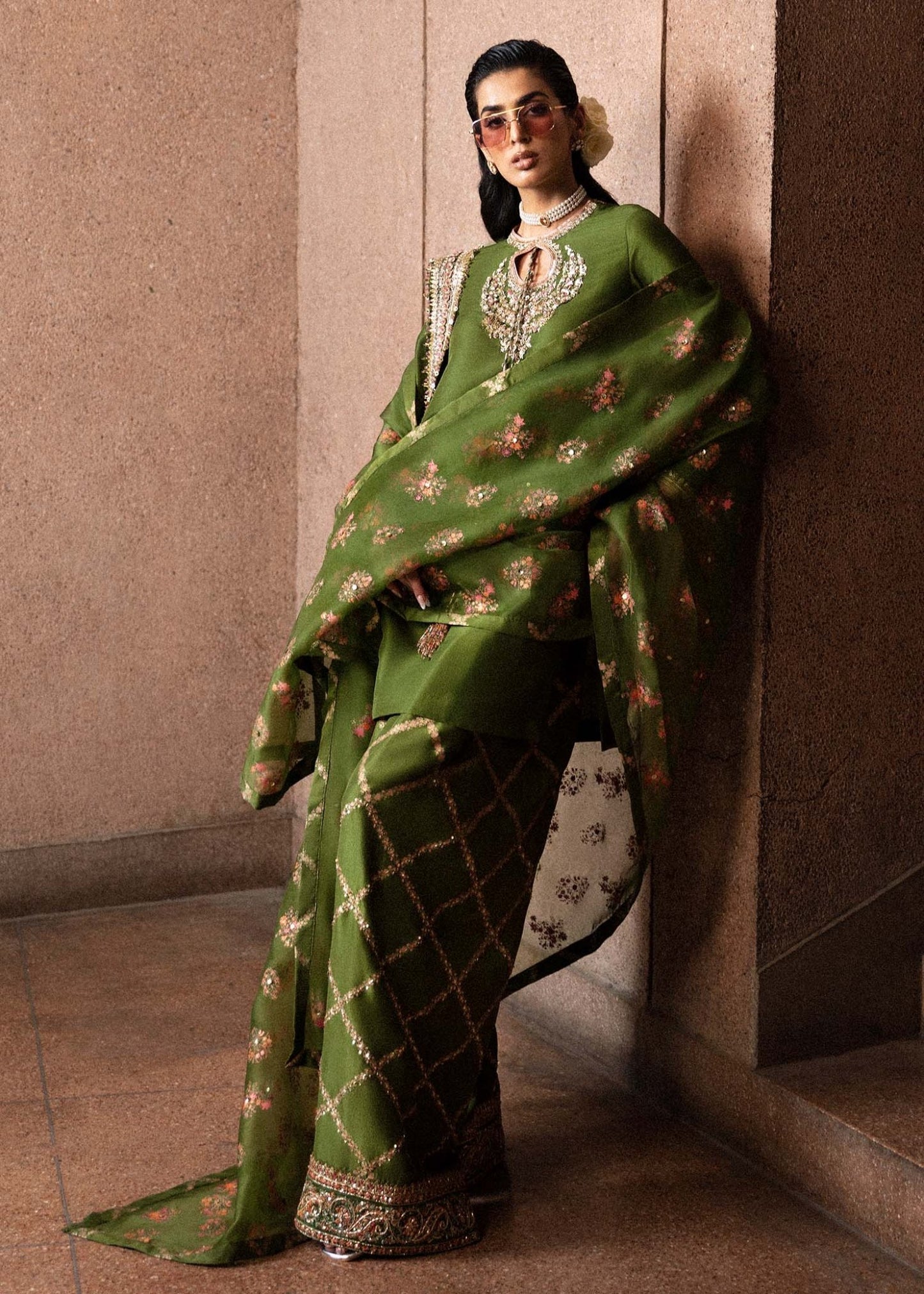 • Clothing: Embroidered/Printed suit for women - Made of best quality fabric - lawn or linen or chiffon - pure silk - Available at Najma Designs & Co. • Jewelry: Gold - plated stud earrings for
