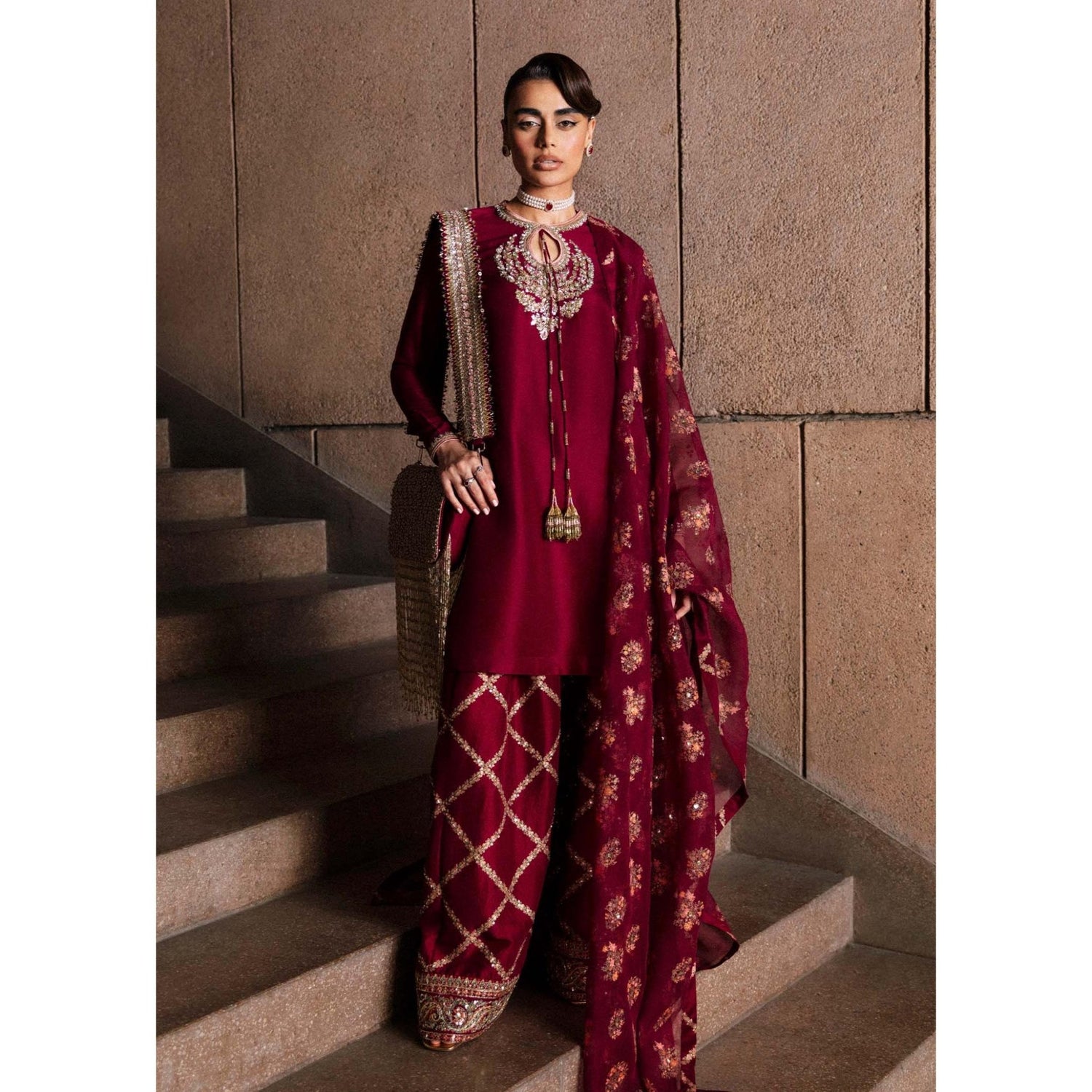 • Clothing: Embroidered/Printed suit for women - Made of best quality fabric - lawn or linen or chiffon - pure silk - Available at Najma Designs & Co. • Jewelry: Gold - plated stud earrings for