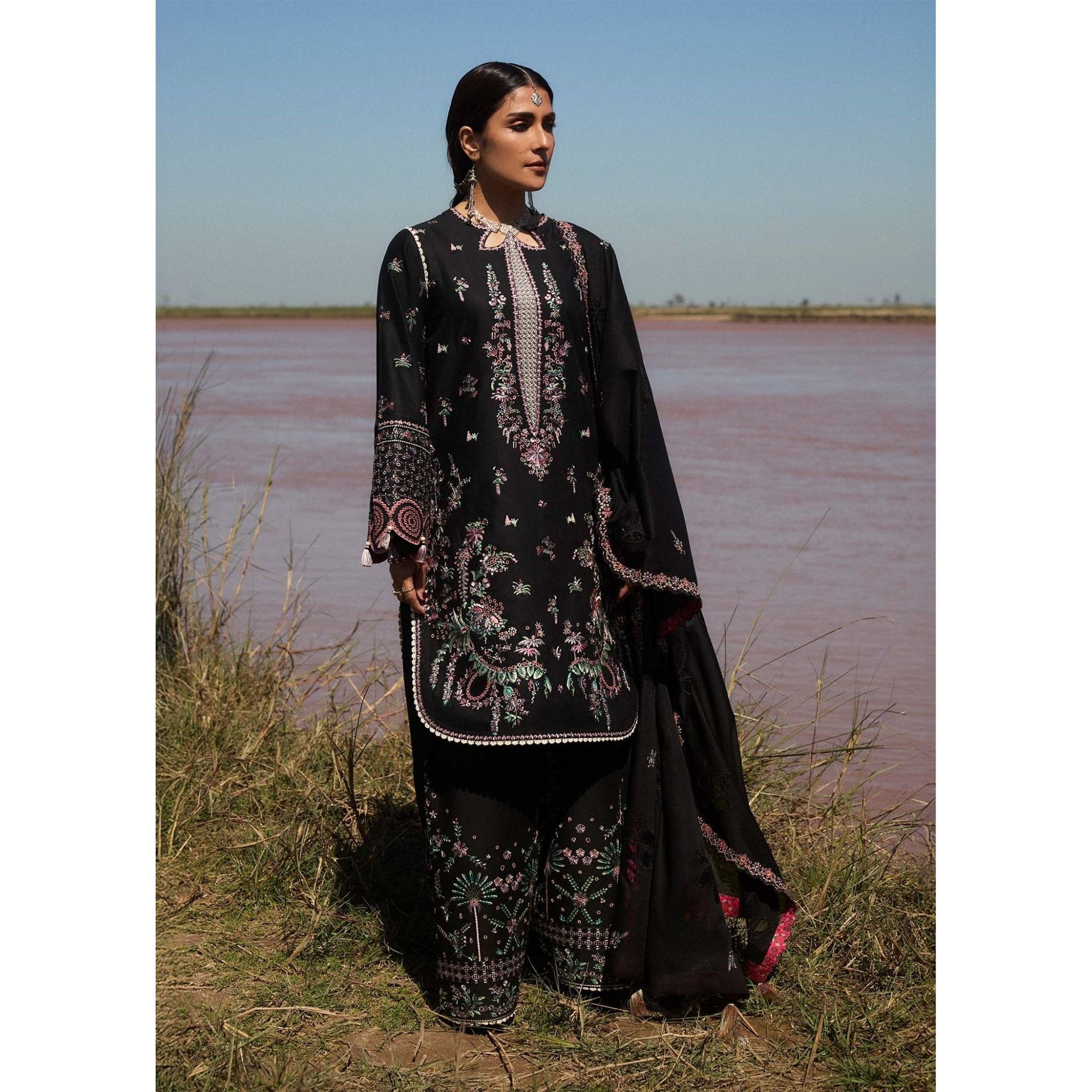 • Clothing: Embroidered/Printed suit for women - Made of best quality fabric - lawn or linen or chiffon - pure silk - Available at Najma Designs & Co. • Jewelry: Gold - plated stud earrings for