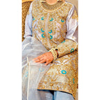 • Clothing: Embroidered/Printed suit for women - Made of best quality fabric - lawn or linen or chiffon - pure silk - Available at Najma Designs & Co. • Jewelry: Gold - plated stud earrings for