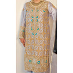 • Clothing: Embroidered/Printed suit for women - Made of best quality fabric - lawn or linen or chiffon - pure silk - Available at Najma Designs & Co. • Jewelry: Gold - plated stud earrings for