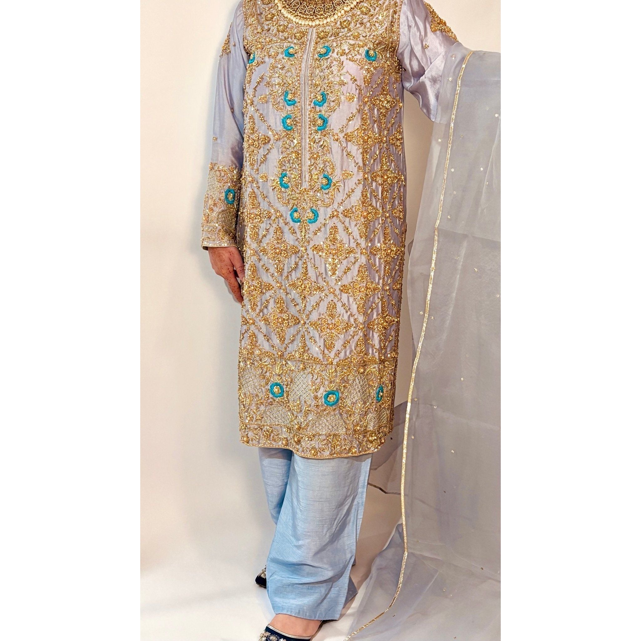• Clothing: Embroidered/Printed suit for women - Made of best quality fabric - lawn or linen or chiffon - pure silk - Available at Najma Designs & Co. • Jewelry: Gold - plated stud earrings for