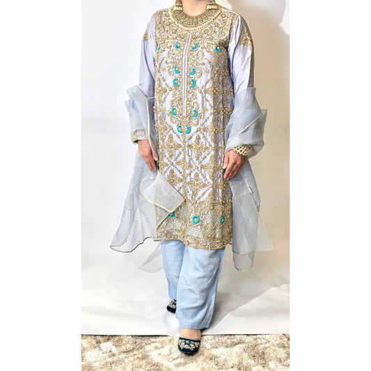 • Clothing: Embroidered/Printed suit for women - Made of best quality fabric - lawn or linen or chiffon - pure silk - Available at Najma Designs & Co. • Jewelry: Gold - plated stud earrings for