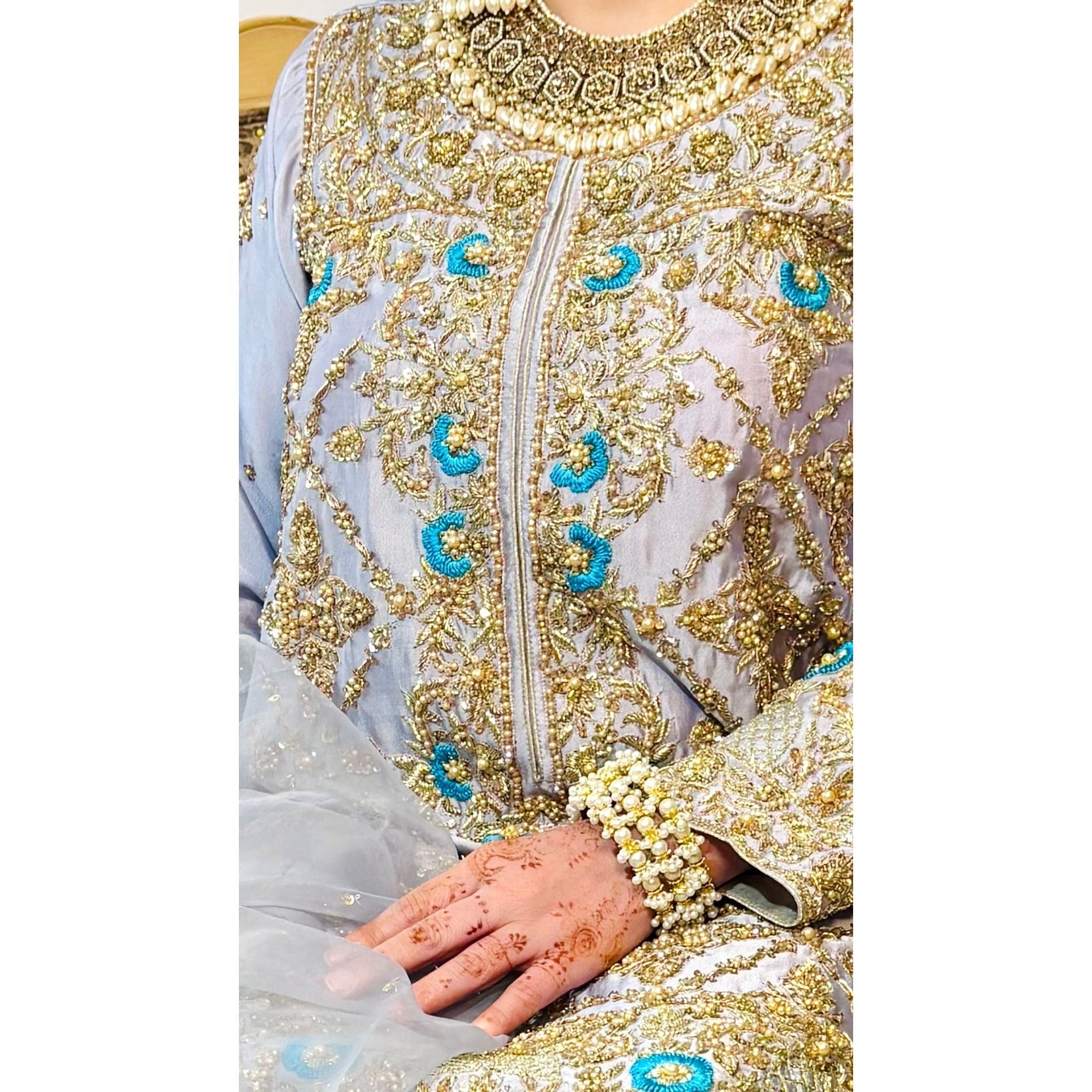 • Clothing: Embroidered/Printed suit for women - Made of best quality fabric - lawn or linen or chiffon - pure silk - Available at Najma Designs & Co. • Jewelry: Gold - plated stud earrings for