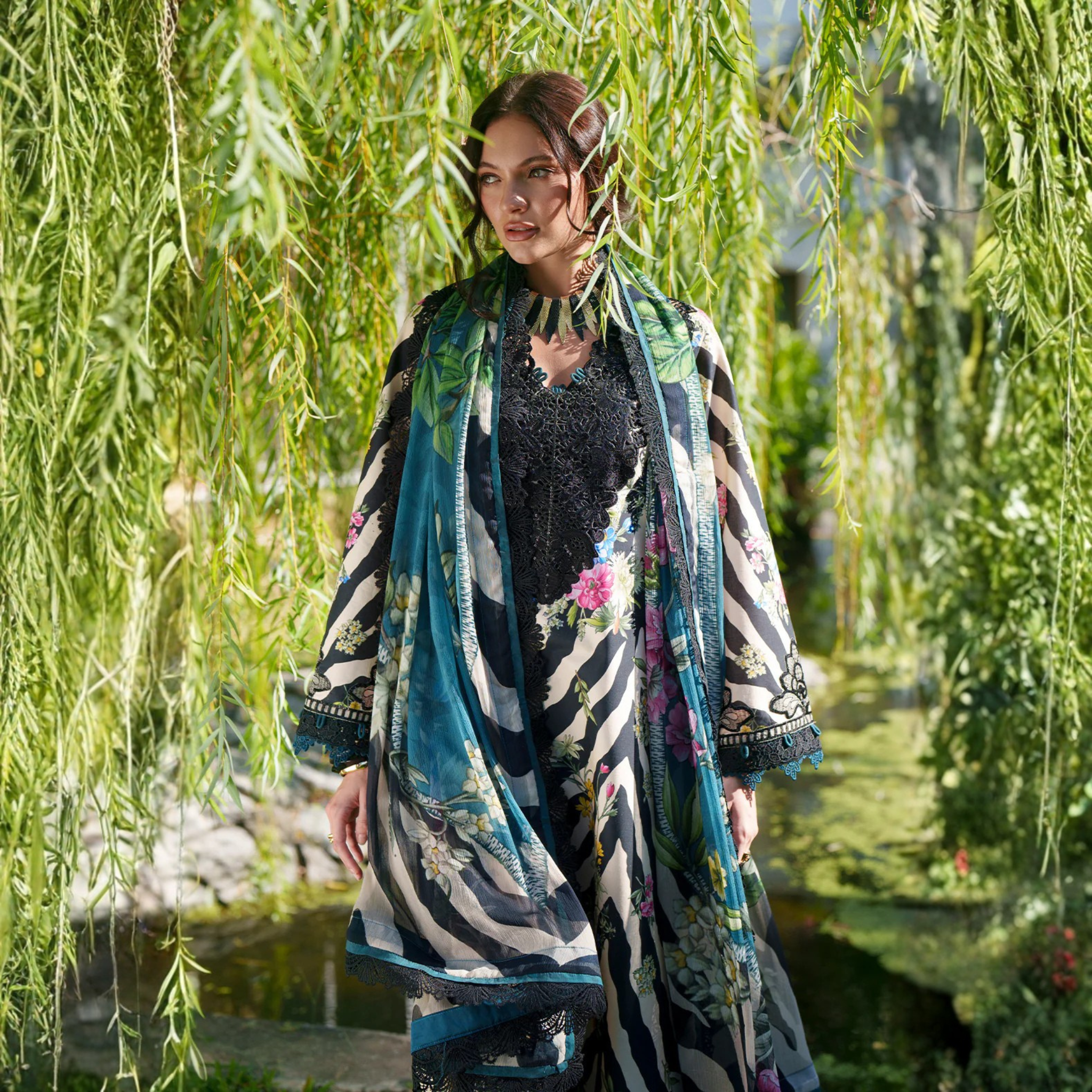 • Clothing: Embroidered/Printed suit for women - Made of best quality fabric - lawn or linen or chiffon - pure silk - Available at Najma Designs & Co. • Jewelry: Gold - plated stud earrings for