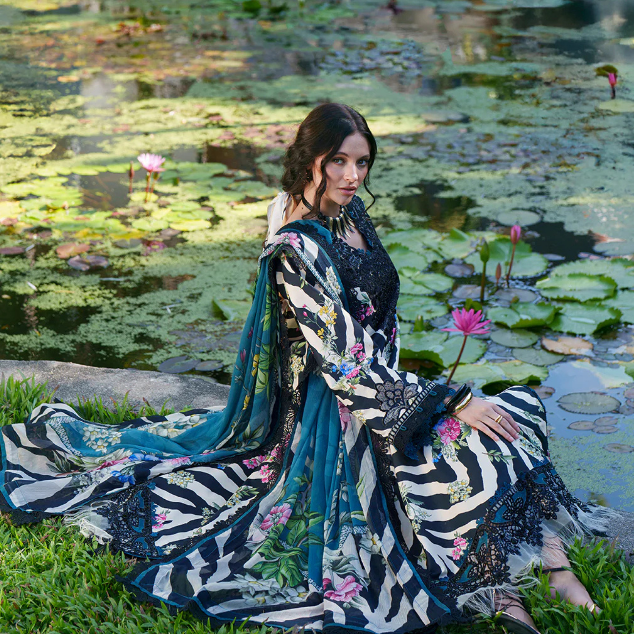 • Clothing: Embroidered/Printed suit for women - Made of best quality fabric - lawn or linen or chiffon - pure silk - Available at Najma Designs & Co. • Jewelry: Gold - plated stud earrings for
