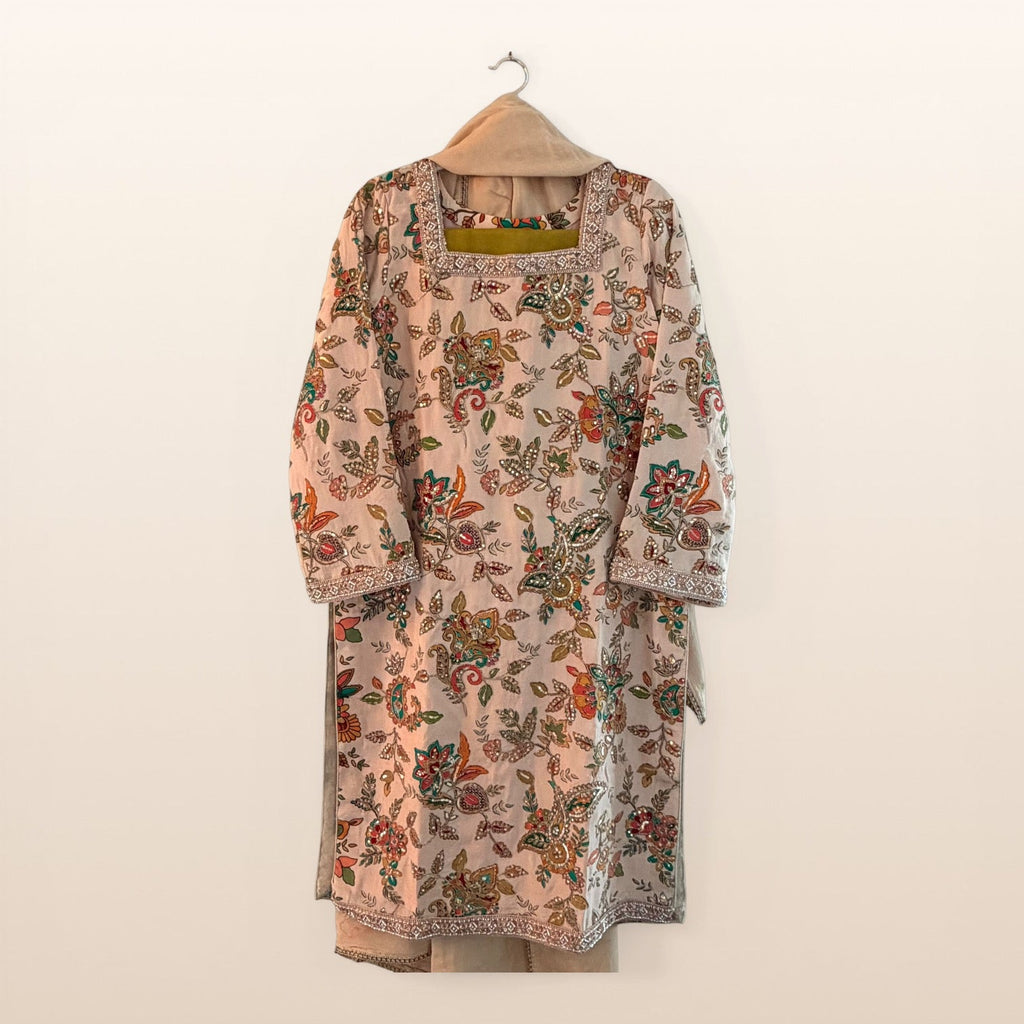 • Clothing: Embroidered/Printed suit for women - Made of best quality fabric - lawn or linen or chiffon - pure silk - Available at Najma Designs & Co. • Jewelry: Gold - plated stud earrings for