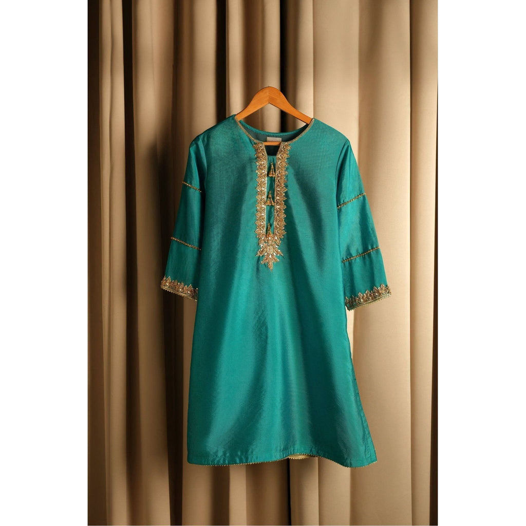 Sea green gharara set with beautiful gold embroidery, shirt 