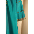 close up  of Sea green gharara set with beautiful gold embroidery, shirt 