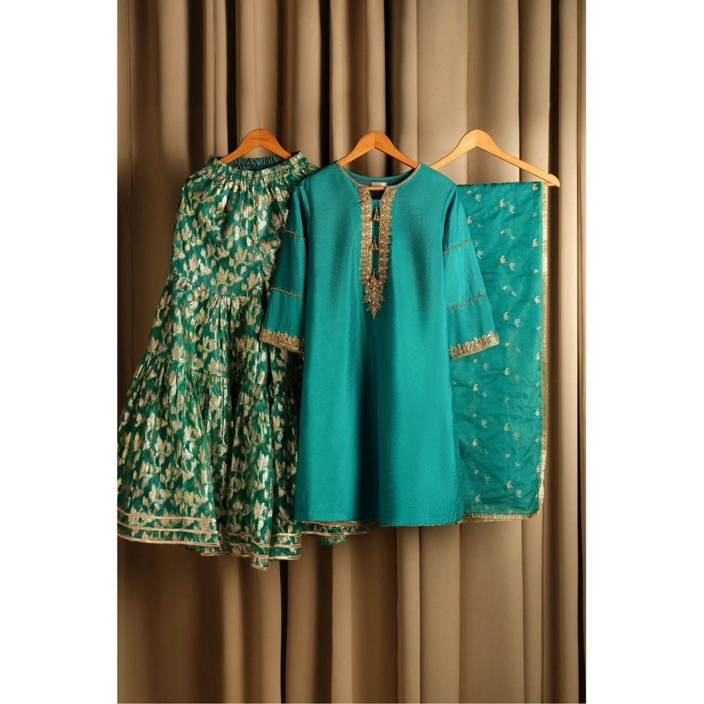 Sea green gharara set with beautiful gld embroidery, shirt dupatta and gharara 