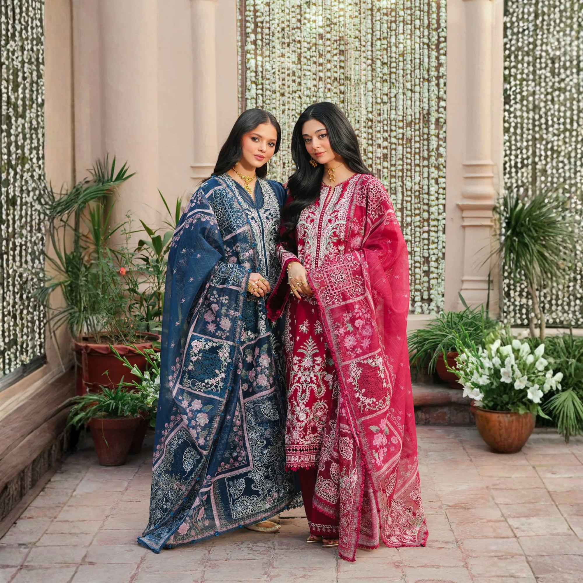 • Clothing: Embroidered/Printed suit for women - Made of best quality fabric - lawn or linen or chiffon - pure silk - Available at Najma Designs & Co. • Jewelry: Gold - plated stud earrings for