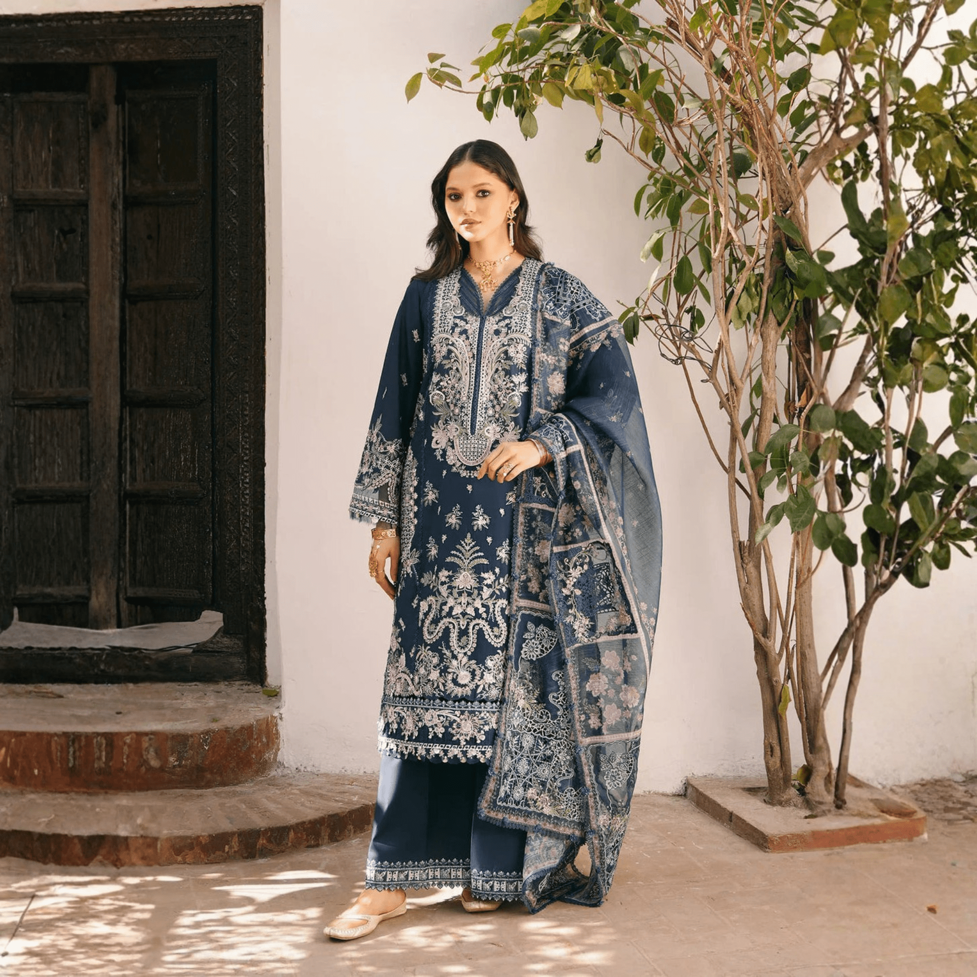 • Clothing: Embroidered/Printed suit for women - Made of best quality fabric - lawn or linen or chiffon - pure silk - Available at Najma Designs & Co. • Jewelry: Gold - plated stud earrings for