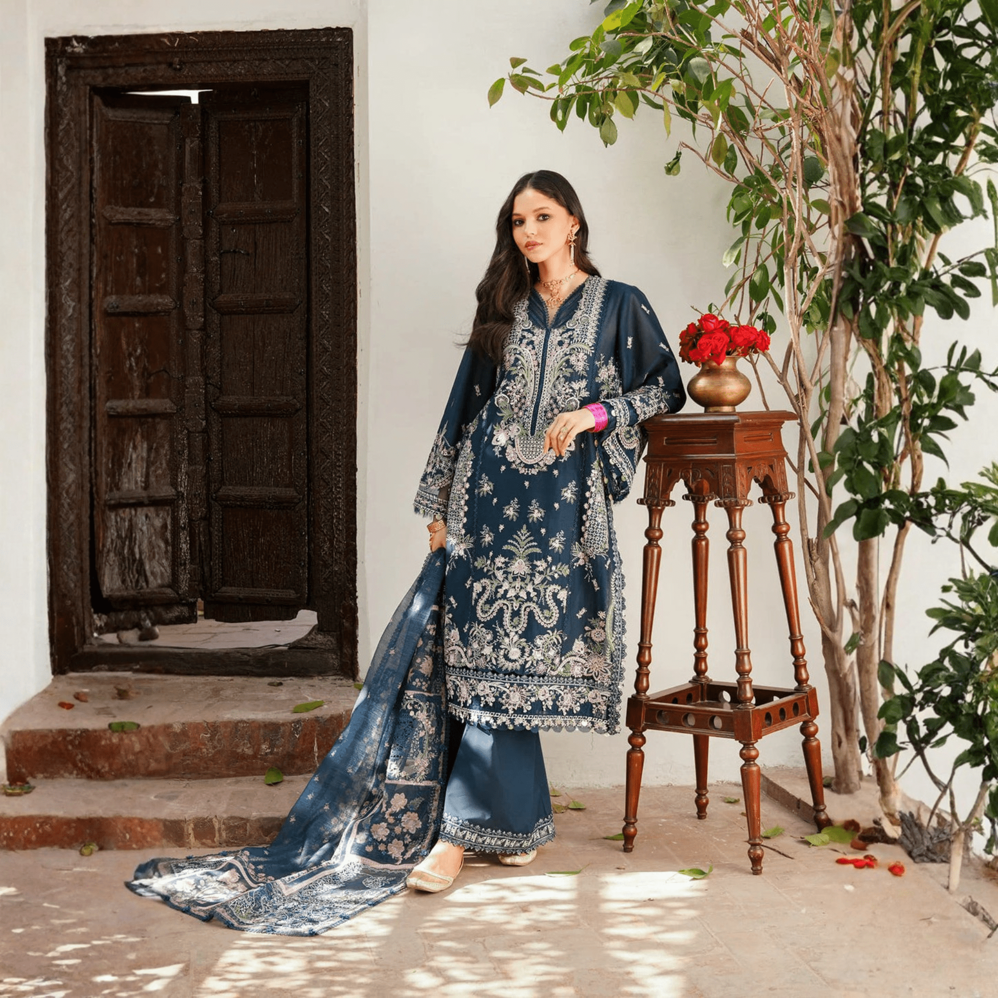 • Clothing: Embroidered/Printed suit for women - Made of best quality fabric - lawn or linen or chiffon - pure silk - Available at Najma Designs & Co. • Jewelry: Gold - plated stud earrings for