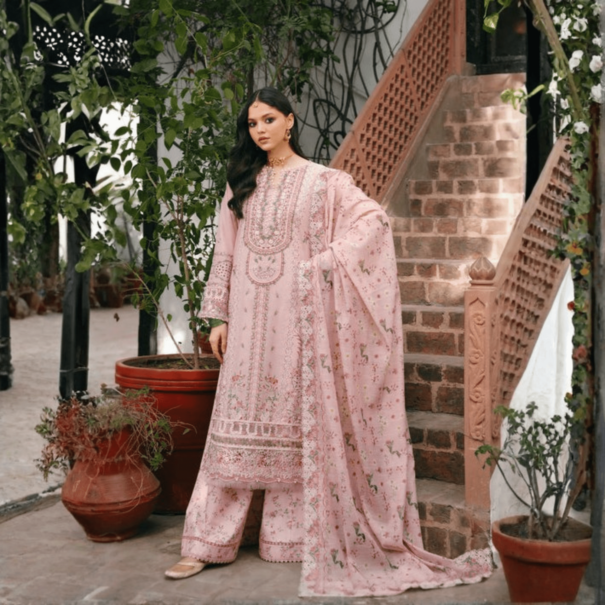 • Clothing: Embroidered/Printed suit for women - Made of best quality fabric - lawn or linen or chiffon - pure silk - Available at Najma Designs & Co. • Jewelry: Gold - plated stud earrings for