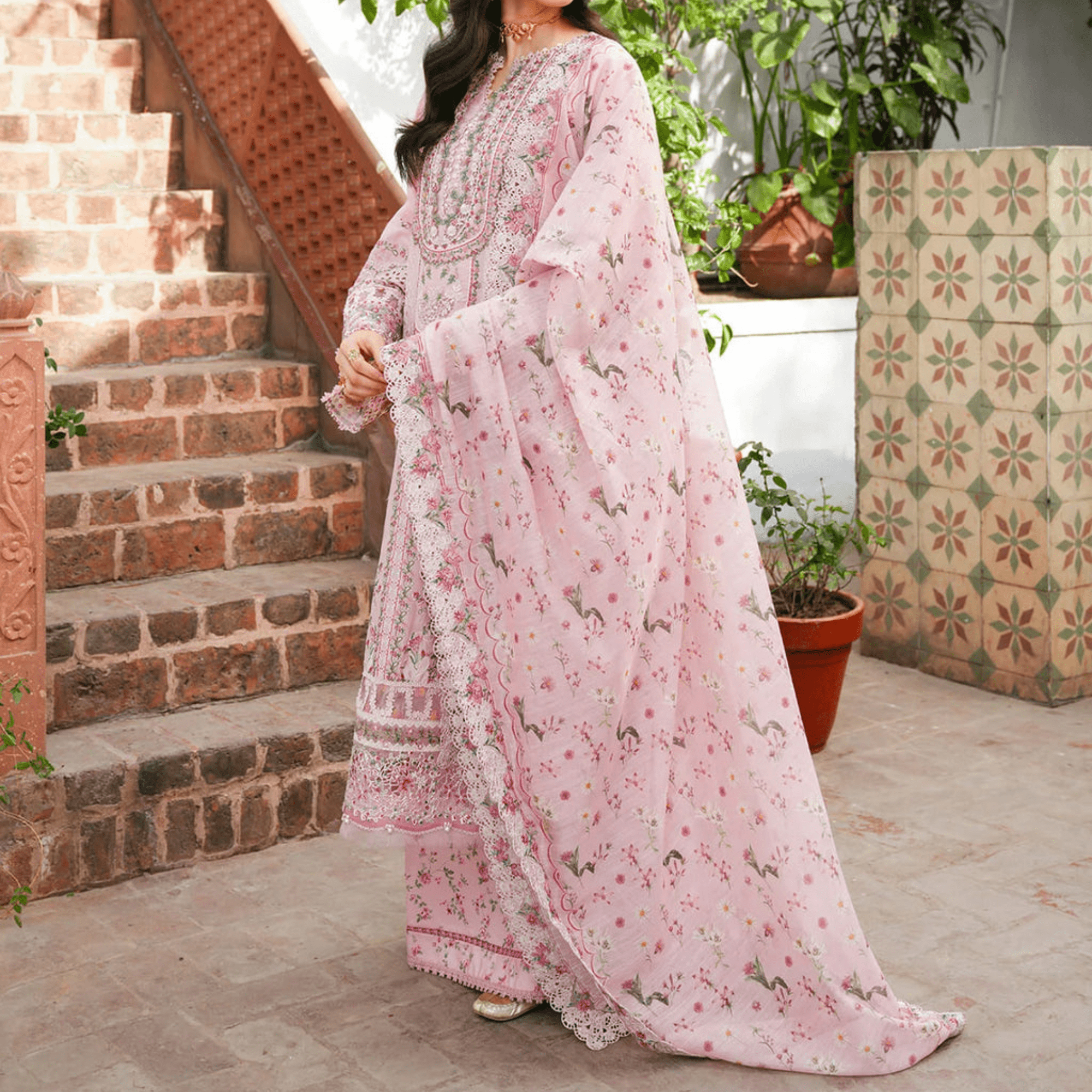 • Clothing: Embroidered/Printed suit for women - Made of best quality fabric - lawn or linen or chiffon - pure silk - Available at Najma Designs & Co. • Jewelry: Gold - plated stud earrings for