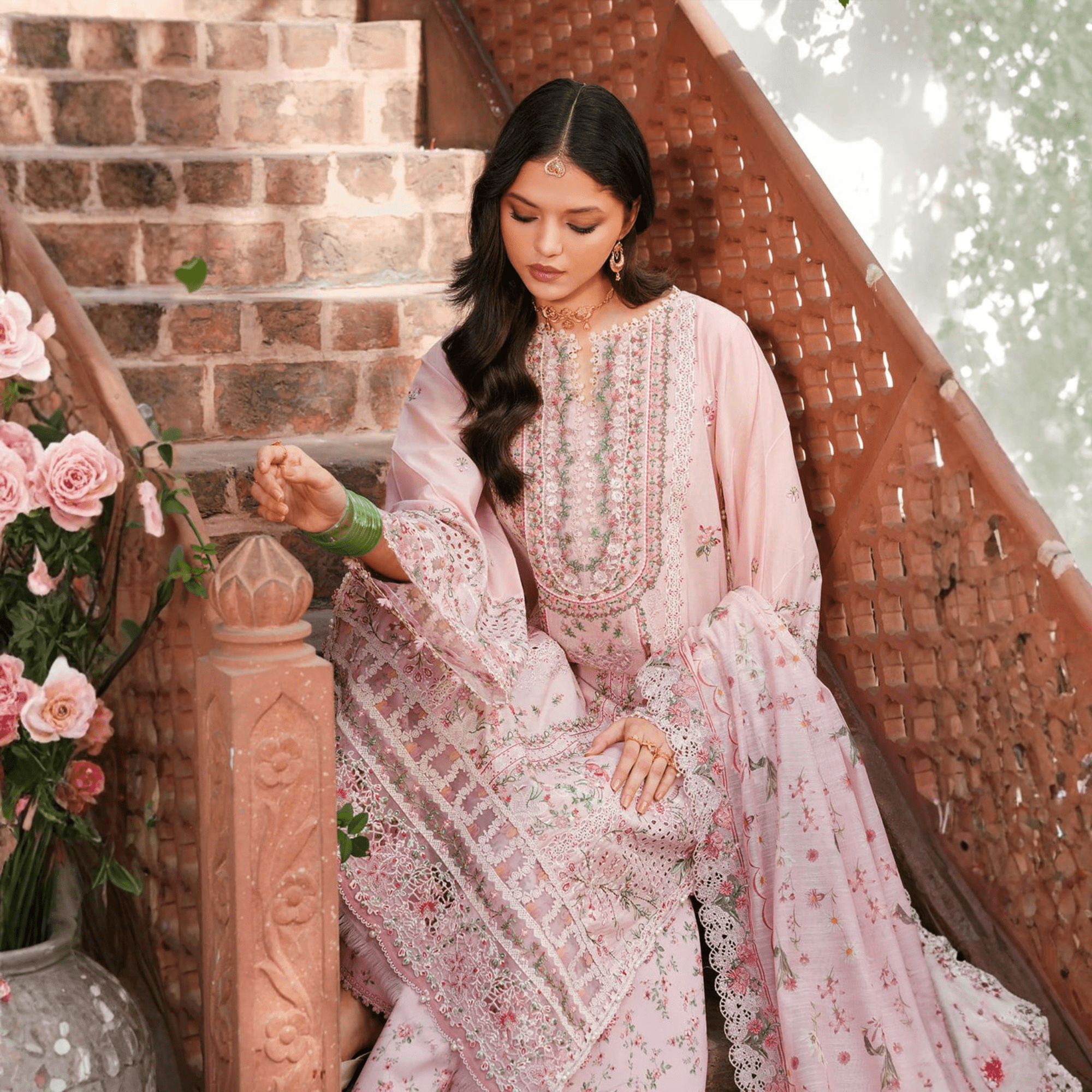 • Clothing: Embroidered/Printed suit for women - Made of best quality fabric - lawn or linen or chiffon - pure silk - Available at Najma Designs & Co. • Jewelry: Gold - plated stud earrings for