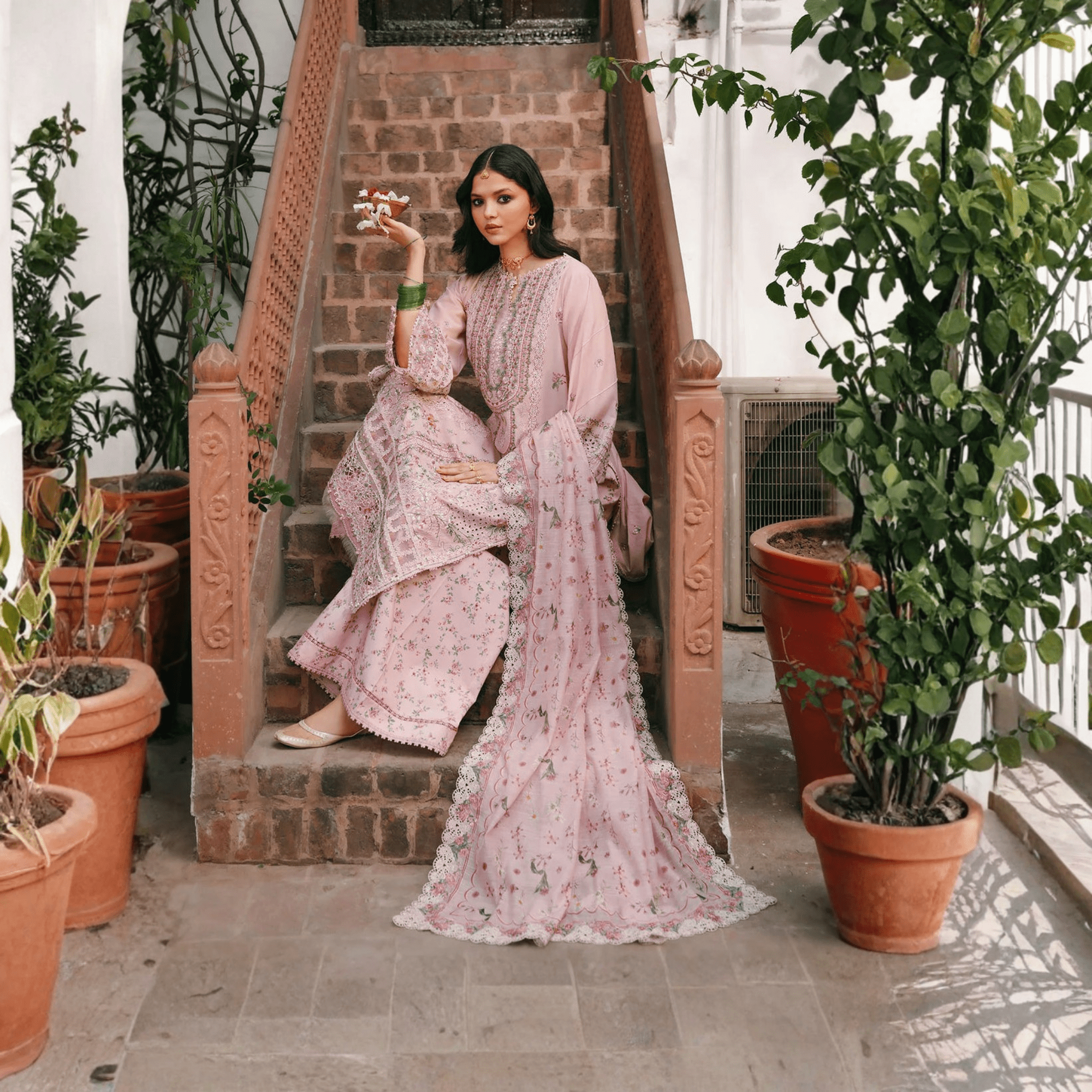 • Clothing: Embroidered/Printed suit for women - Made of best quality fabric - lawn or linen or chiffon - pure silk - Available at Najma Designs & Co. • Jewelry: Gold - plated stud earrings for