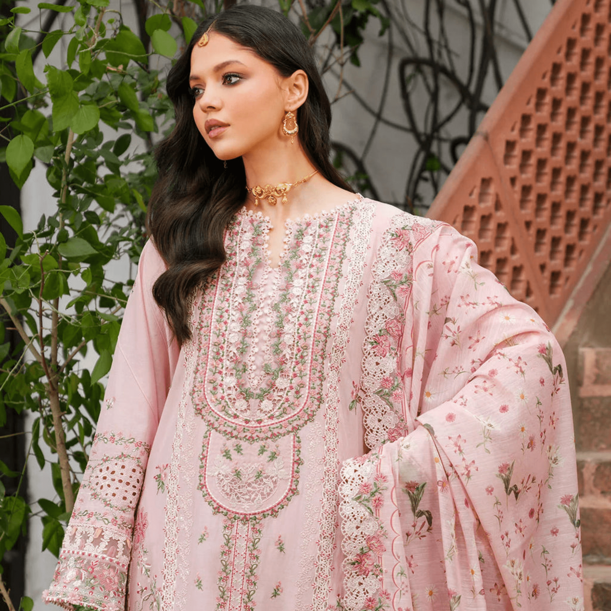 • Clothing: Embroidered/Printed suit for women - Made of best quality fabric - lawn or linen or chiffon - pure silk - Available at Najma Designs & Co. • Jewelry: Gold - plated stud earrings for