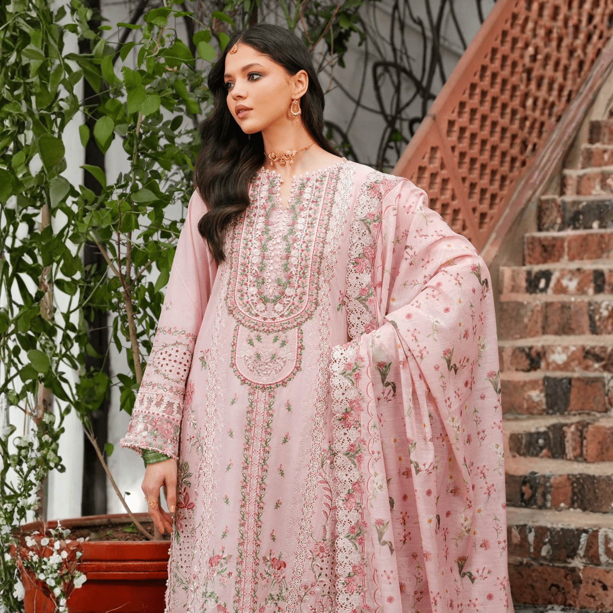 • Clothing: Embroidered/Printed suit for women - Made of best quality fabric - lawn or linen or chiffon - pure silk - Available at Najma Designs & Co. • Jewelry: Gold - plated stud earrings for
