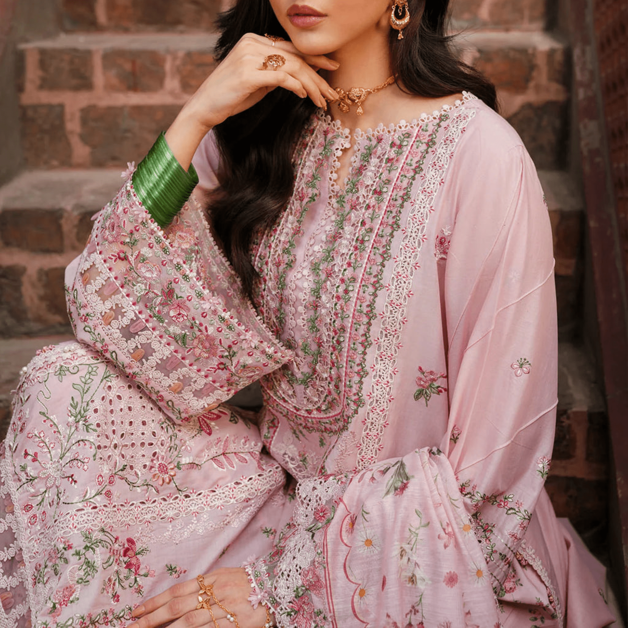 • Clothing: Embroidered/Printed suit for women - Made of best quality fabric - lawn or linen or chiffon - pure silk - Available at Najma Designs & Co. • Jewelry: Gold - plated stud earrings for