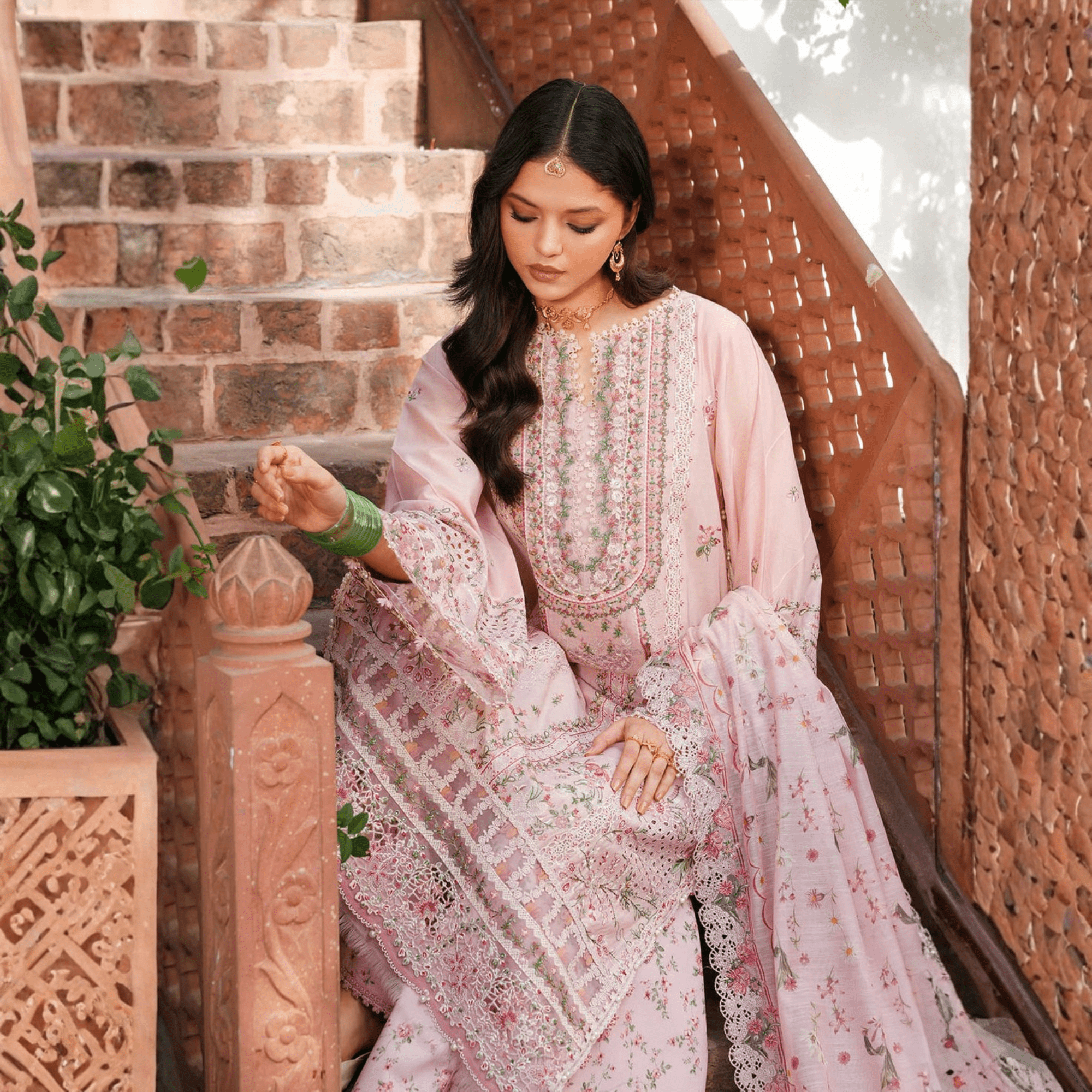 • Clothing: Embroidered/Printed suit for women - Made of best quality fabric - lawn or linen or chiffon - pure silk - Available at Najma Designs & Co. • Jewelry: Gold - plated stud earrings for
