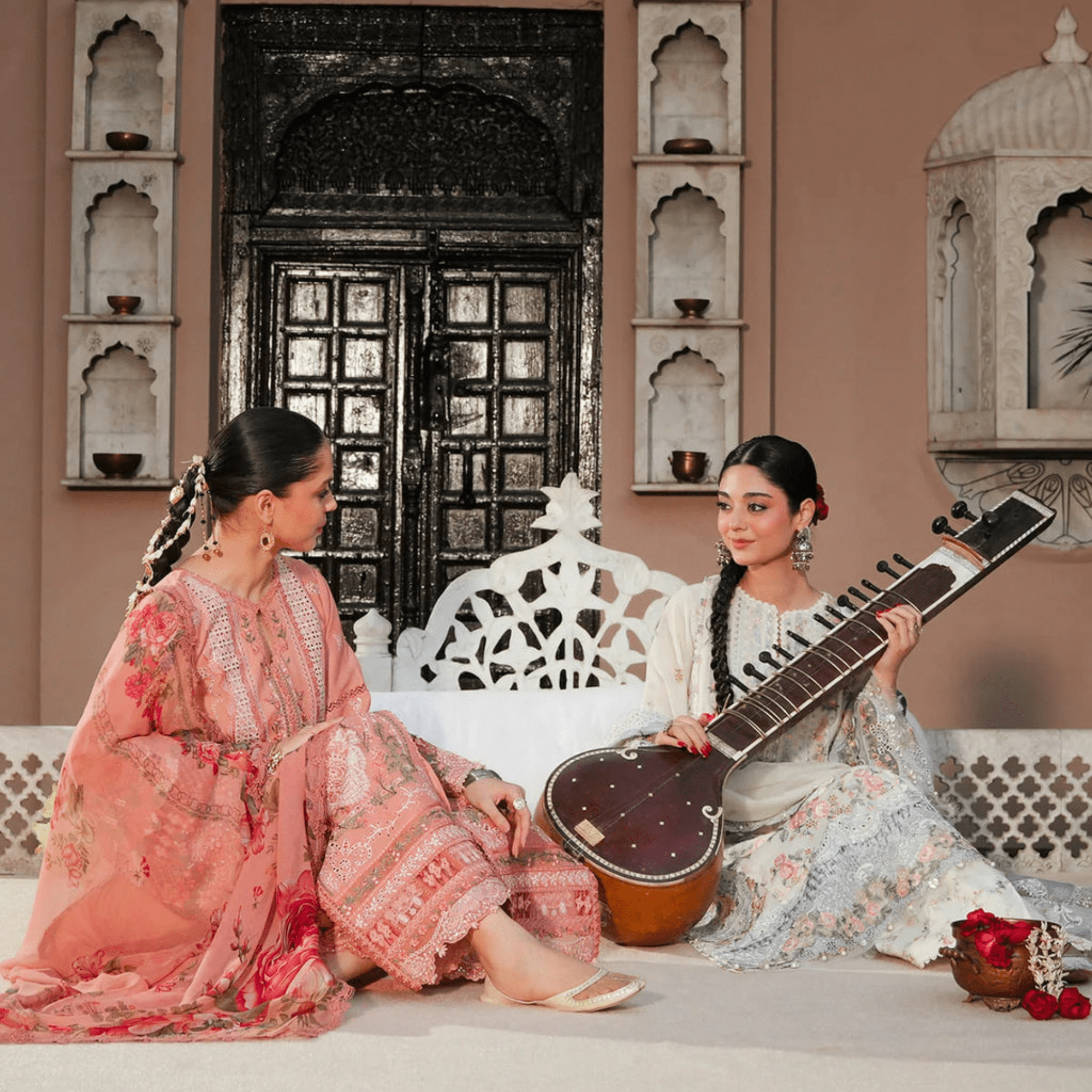 • Clothing: Embroidered/Printed suit for women - Made of best quality fabric - lawn or linen or chiffon - pure silk - Available at Najma Designs & Co. • Jewelry: Gold - plated stud earrings for
