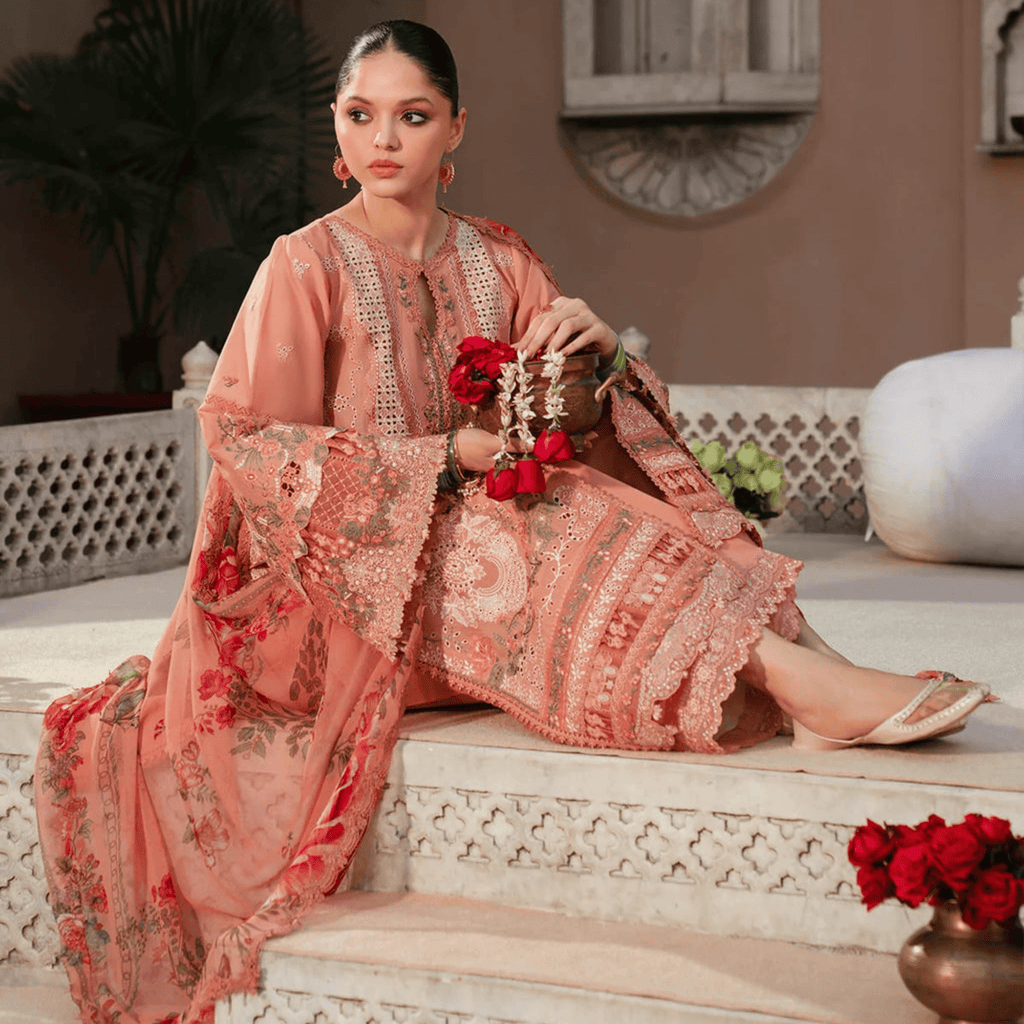 • Clothing: Embroidered/Printed suit for women - Made of best quality fabric - lawn or linen or chiffon - pure silk - Available at Najma Designs & Co. • Jewelry: Gold - plated stud earrings for