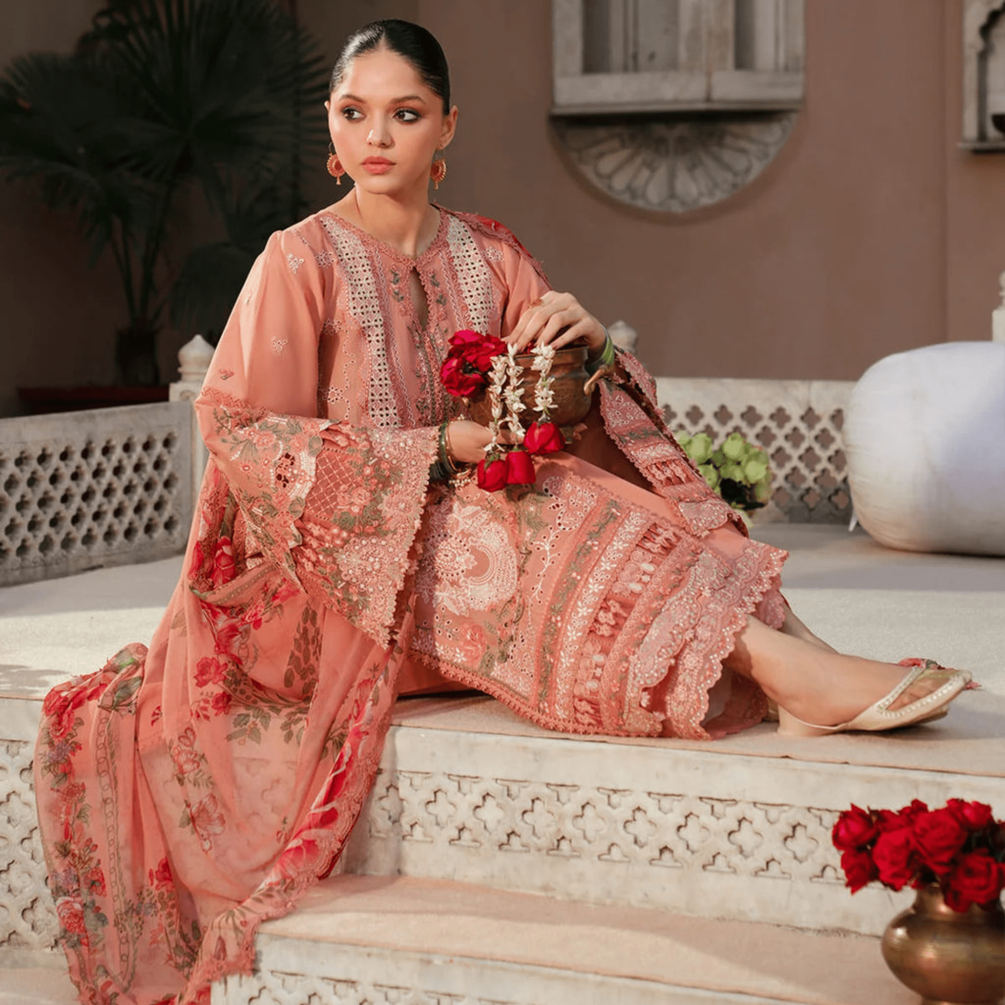 • Clothing: Embroidered/Printed suit for women - Made of best quality fabric - lawn or linen or chiffon - pure silk - Available at Najma Designs & Co. • Jewelry: Gold - plated stud earrings for