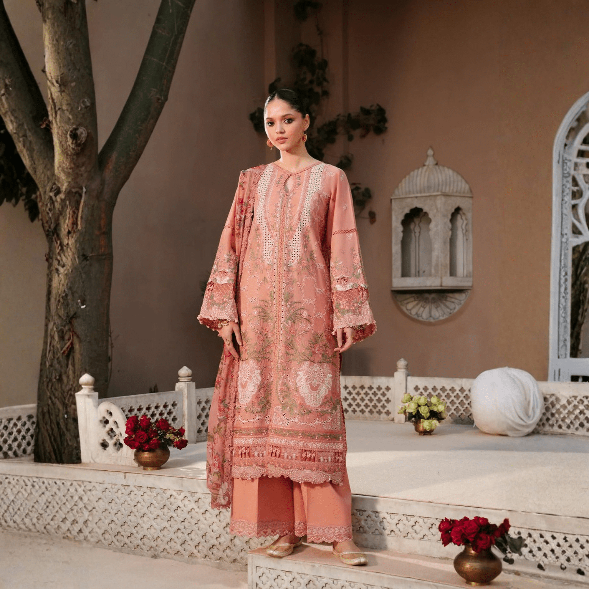 • Clothing: Embroidered/Printed suit for women - Made of best quality fabric - lawn or linen or chiffon - pure silk - Available at Najma Designs & Co. • Jewelry: Gold - plated stud earrings for