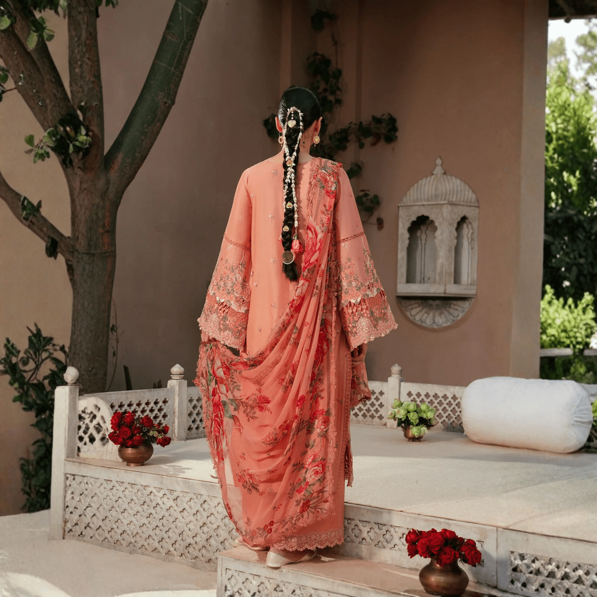 • Clothing: Embroidered/Printed suit for women - Made of best quality fabric - lawn or linen or chiffon - pure silk - Available at Najma Designs & Co. • Jewelry: Gold - plated stud earrings for
