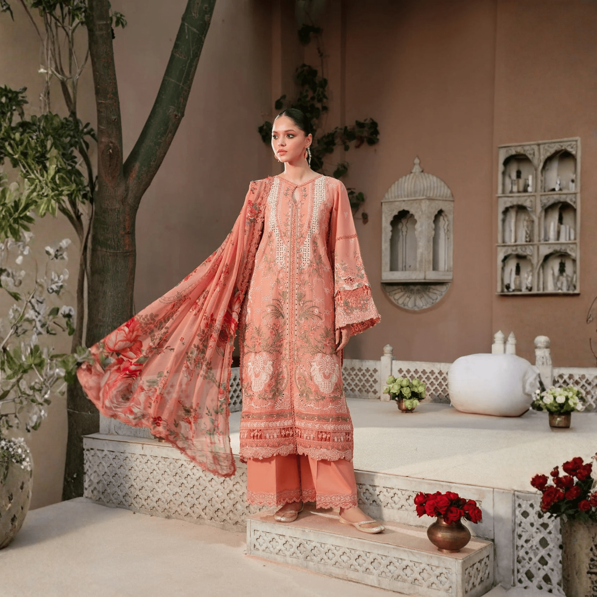 • Clothing: Embroidered/Printed suit for women - Made of best quality fabric - lawn or linen or chiffon - pure silk - Available at Najma Designs & Co. • Jewelry: Gold - plated stud earrings for