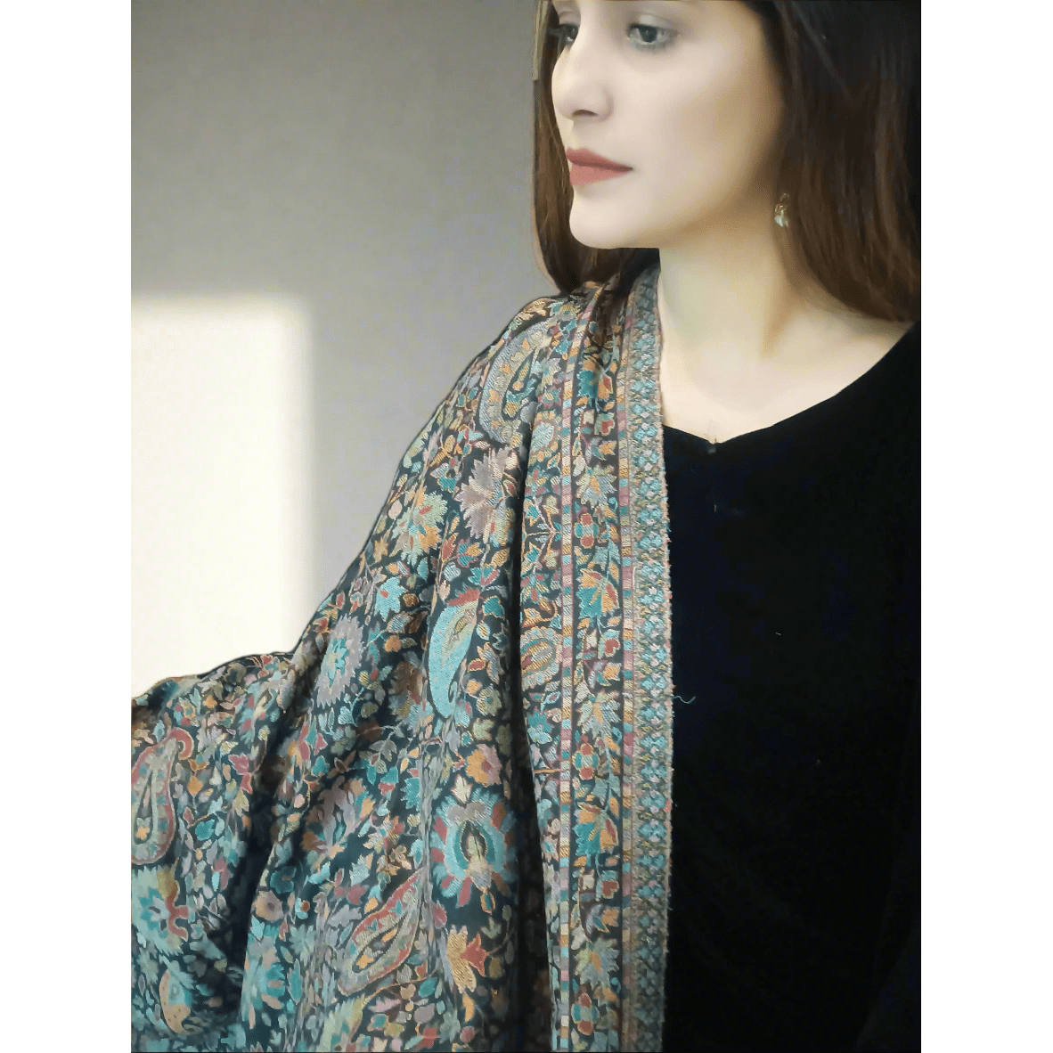 Kani Shawl Pashmina - Black Multi-color beautiful design available at najmadesigns and co. Good for winters. 