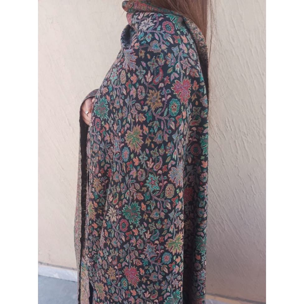close up of Kani Shawl Pashmina - Black Multi-color beautiful design available at najmadesigns and co. Good for winters. 