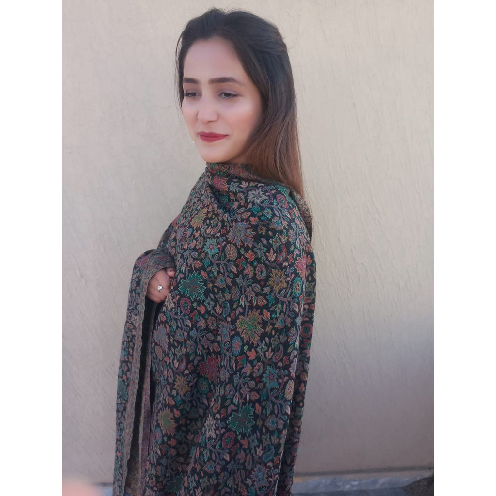 model wearing Kani Shawl Pashmina - Black Multi-color beautiful design available at najmadesigns and co. Good for winters. 