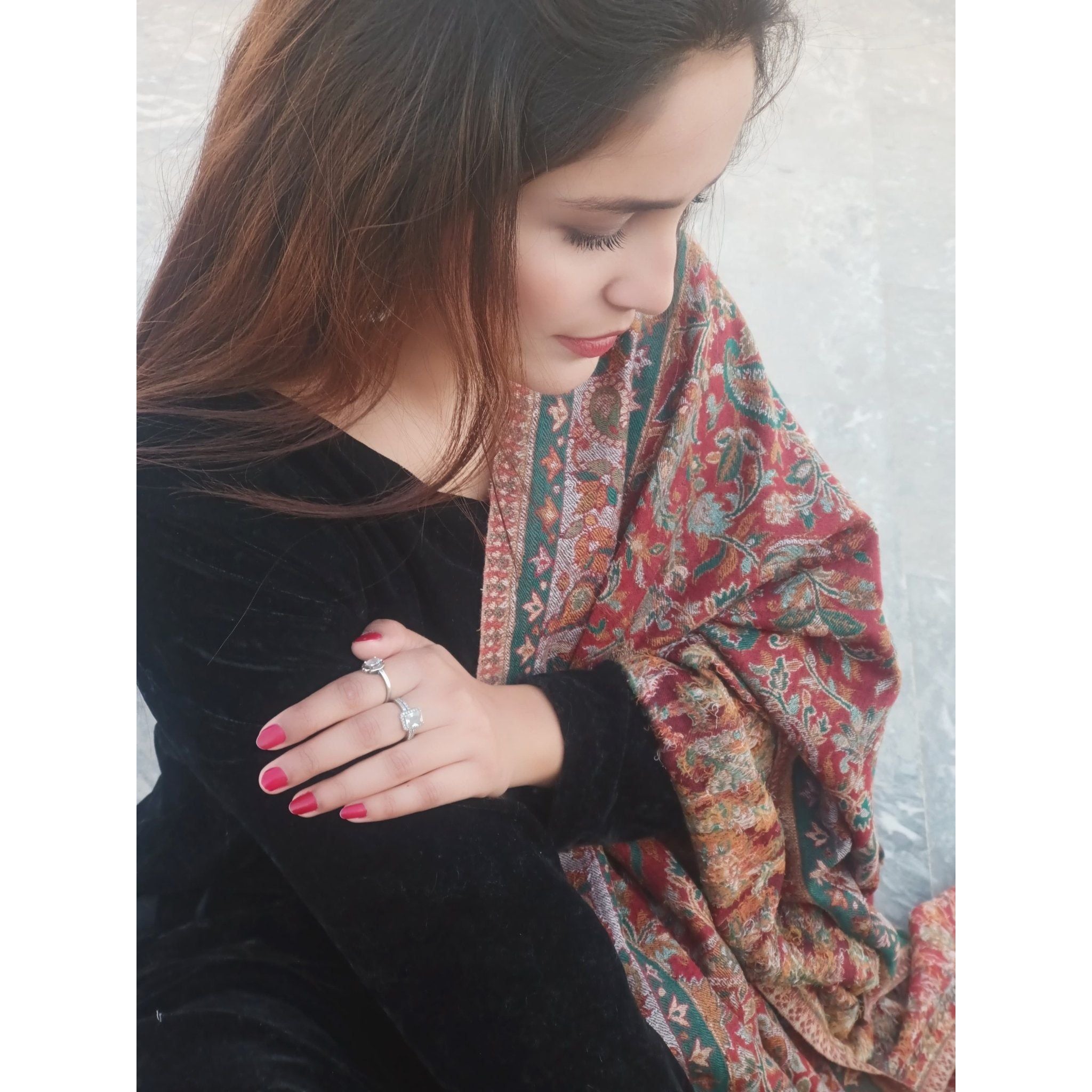 Kani Shawl Pashmina - A Crimson Multi-Color Beutiful 4-Sided Border, Ideal for Winters. Available at Najmadesigns and Co.