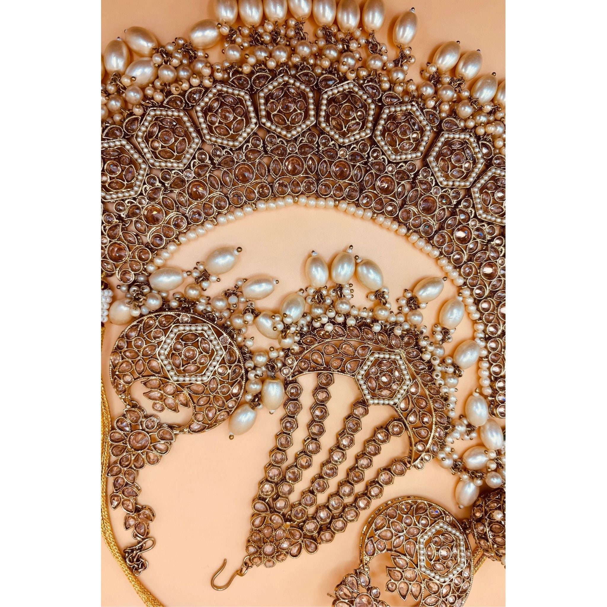 Alia Bhatt-Inspired Bridal Jewelry Set, Regal Necklace, Captivating Earrings, and Mesmerizing Sheeshphool, Adorned with Kundan, Pearl Moti, and Pearl Beads, Gold-Plated Brass, Timeless Bridal Elegance, Perfect for Indian and Pakistani Brides, Ready to Ship