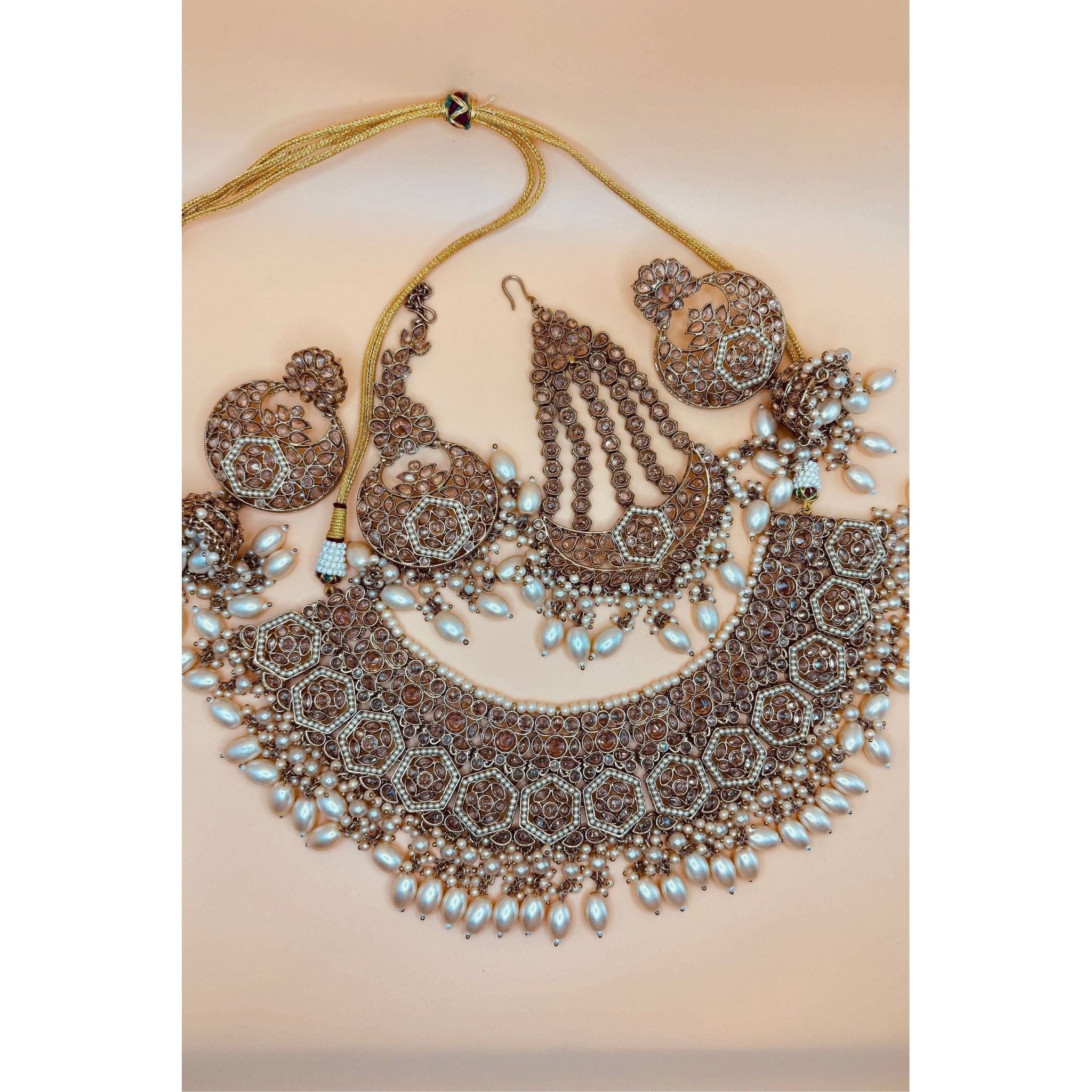 Alia Bhatt-Inspired Bridal Jewelry Set, Regal Necklace, Captivating Earrings, and Mesmerizing Sheeshphool, Adorned with Kundan, Pearl Moti, and Pearl Beads, Gold-Plated Brass, Timeless Bridal Elegance, Perfect for Indian and Pakistani Brides, Ready to Ship
