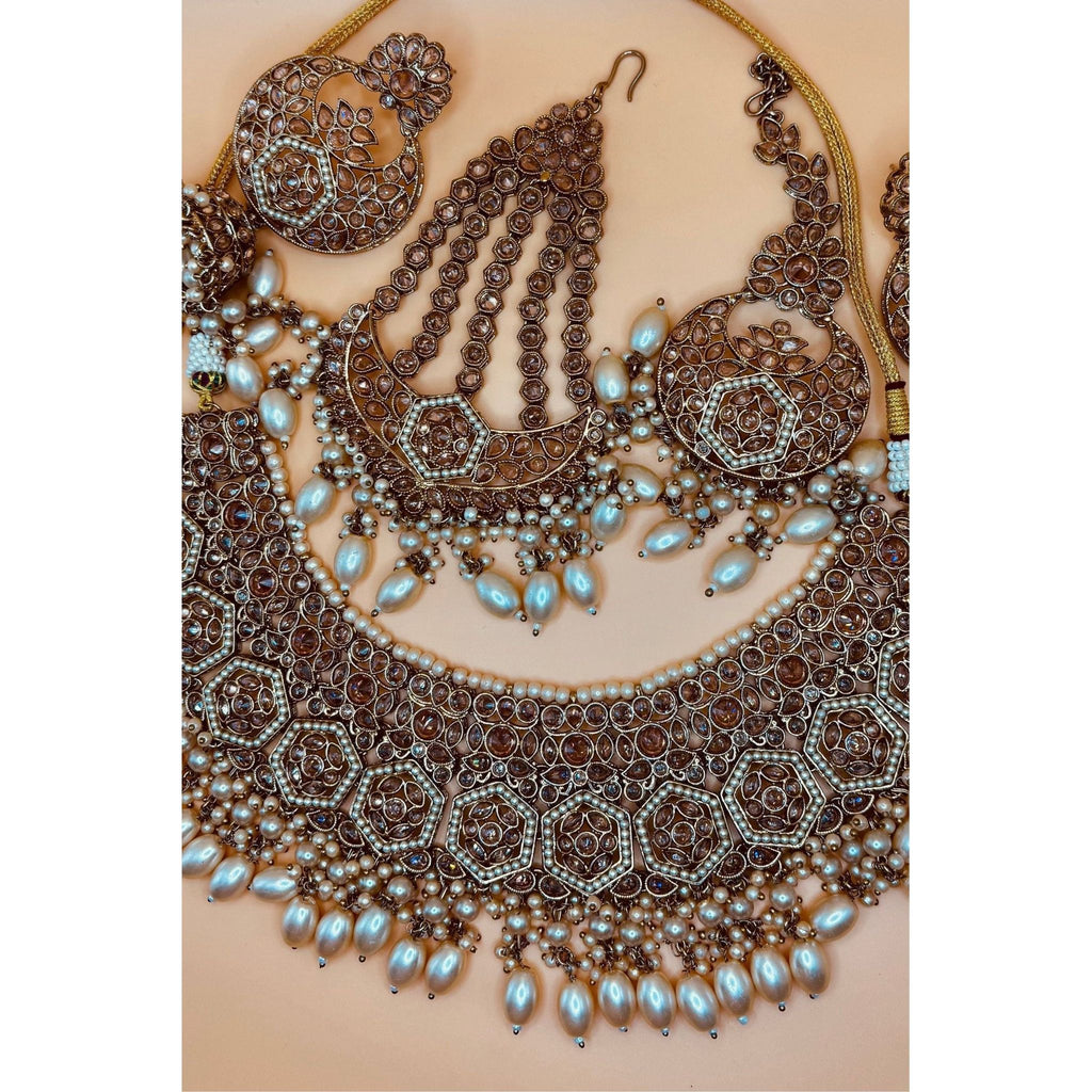 Alia Bhatt-Inspired Bridal Jewelry Set, Regal Necklace, Captivating Earrings, and Mesmerizing Sheeshphool, Adorned with Kundan, Pearl Moti, and Pearl Beads, Gold-Plated Brass, Timeless Bridal Elegance, Perfect for Indian and Pakistani Brides, Ready to Ship