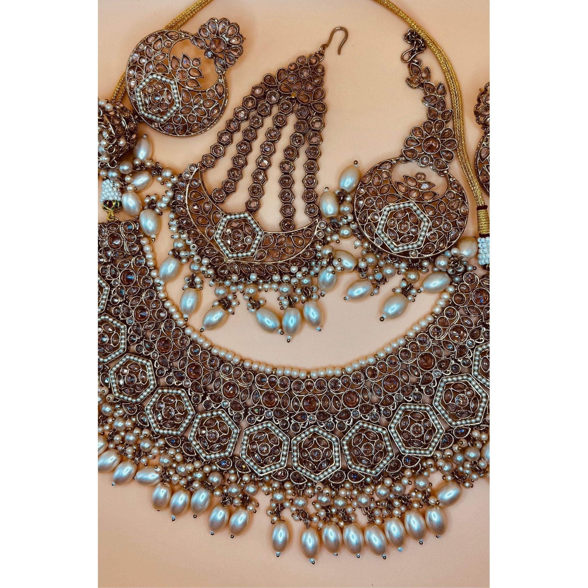 Alia Bhatt-Inspired Bridal Jewelry Set, Regal Necklace, Captivating Earrings, and Mesmerizing Sheeshphool, Adorned with Kundan, Pearl Moti, and Pearl Beads, Gold-Plated Brass, Timeless Bridal Elegance, Perfect for Indian and Pakistani Brides, Ready to Ship