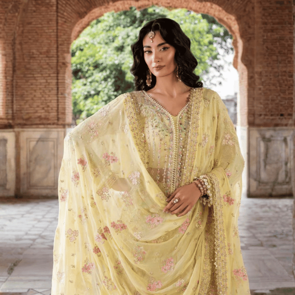 • Clothing: Embroidered/Printed suit for women - Made of best quality fabric - lawn or linen or chiffon - pure silk - Available at Najma Designs & Co. • Jewelry: Gold - plated stud earrings for