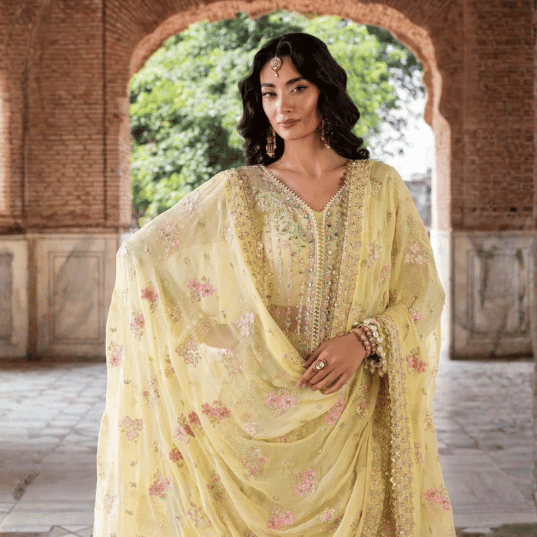 • Clothing: Embroidered/Printed suit for women - Made of best quality fabric - lawn or linen or chiffon - pure silk - Available at Najma Designs & Co. • Jewelry: Gold - plated stud earrings for