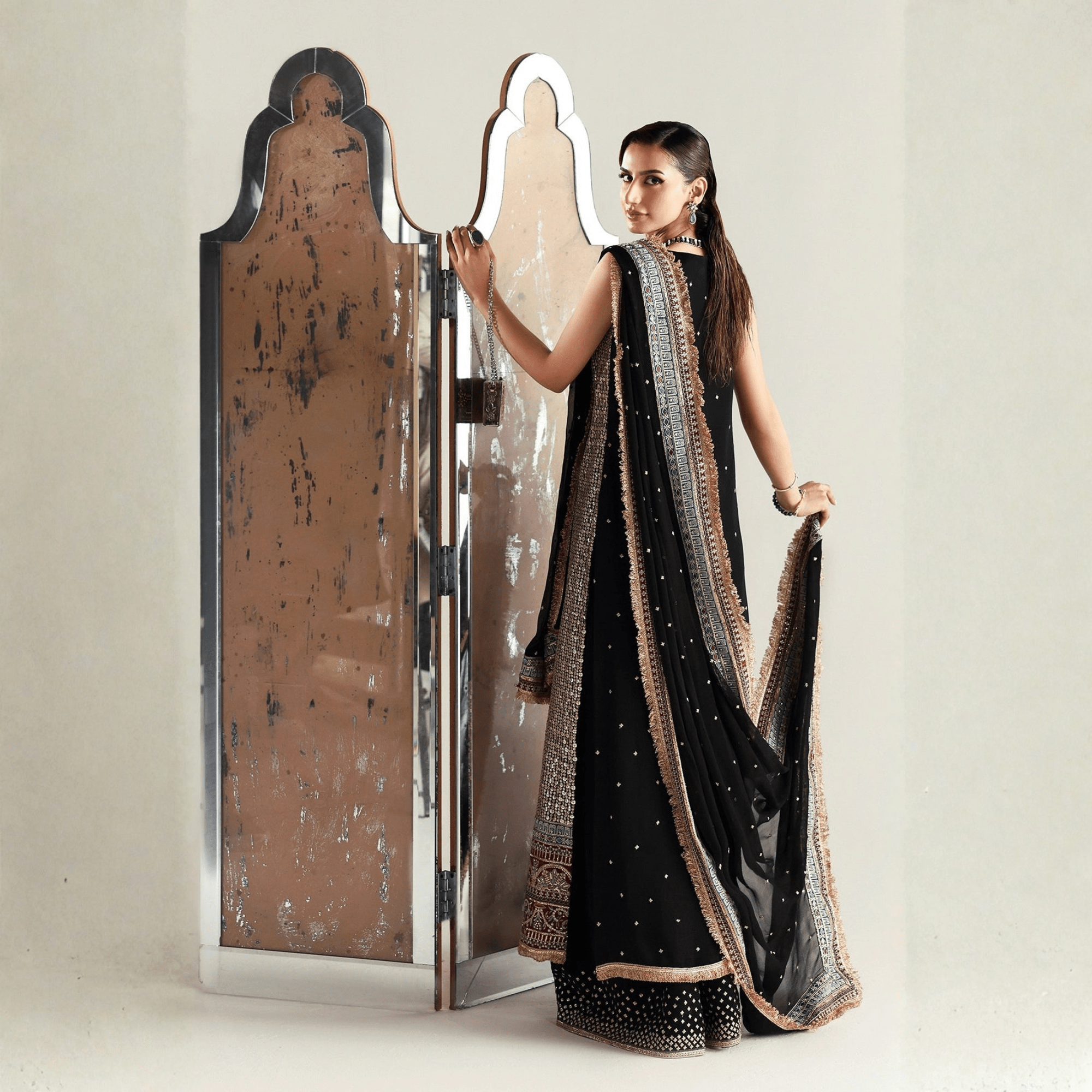 • Clothing: Embroidered/Printed suit for women - Made of best quality fabric - lawn or linen or chiffon - pure silk - Available at Najma Designs & Co. • Jewelry: Gold - plated stud earrings for