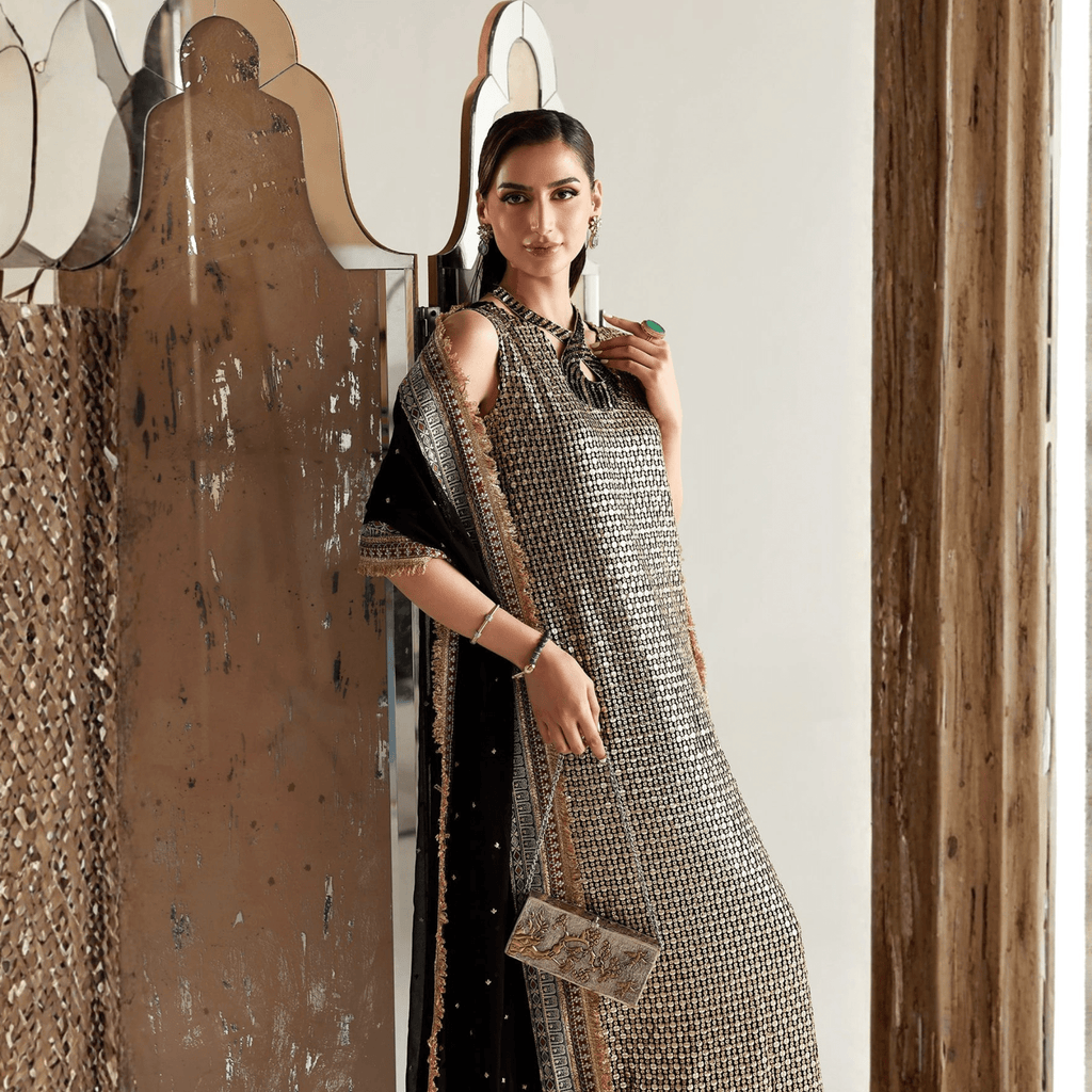 • Clothing: Embroidered/Printed suit for women - Made of best quality fabric - lawn or linen or chiffon - pure silk - Available at Najma Designs & Co. • Jewelry: Gold - plated stud earrings for