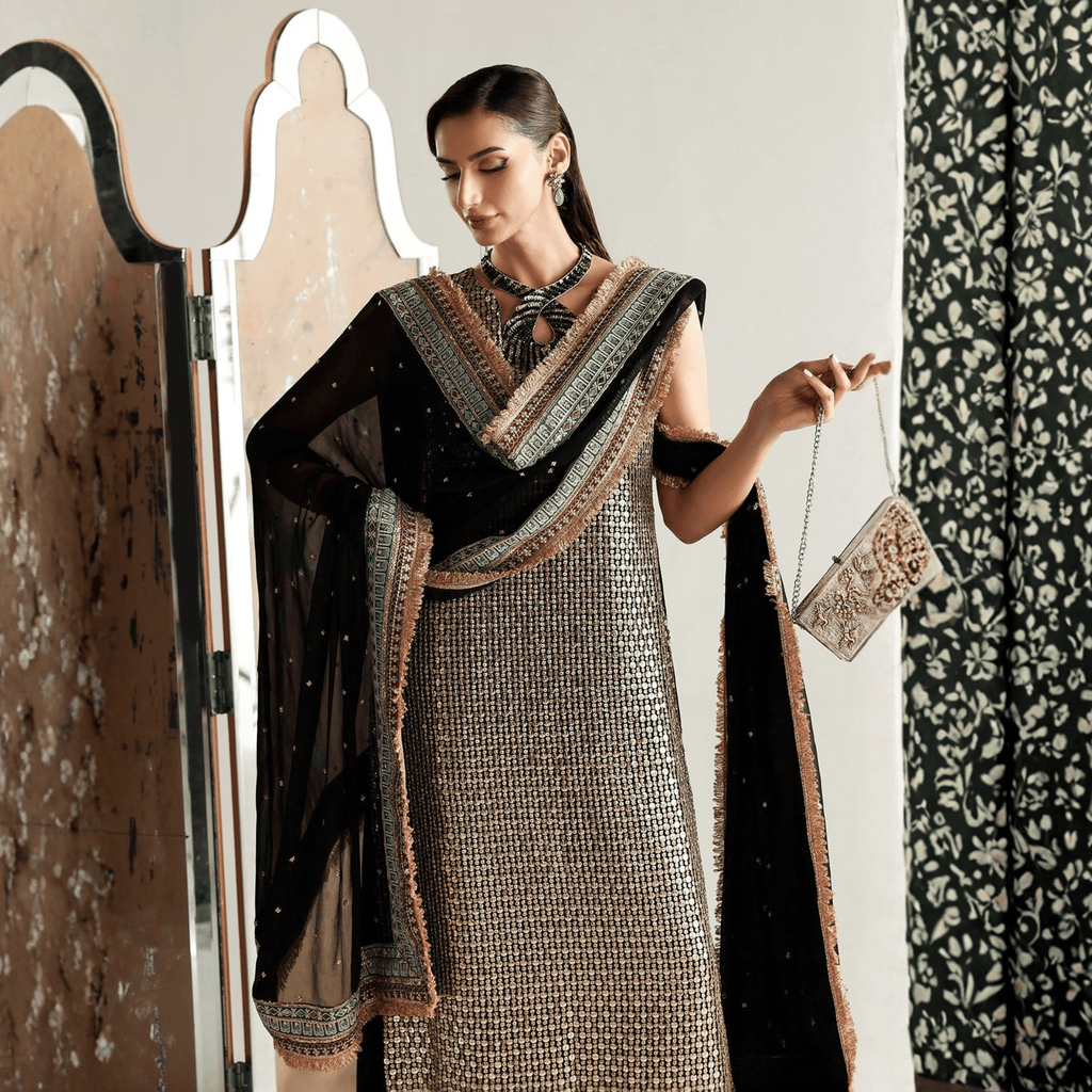 • Clothing: Embroidered/Printed suit for women - Made of best quality fabric - lawn or linen or chiffon - pure silk - Available at Najma Designs & Co. • Jewelry: Gold - plated stud earrings for