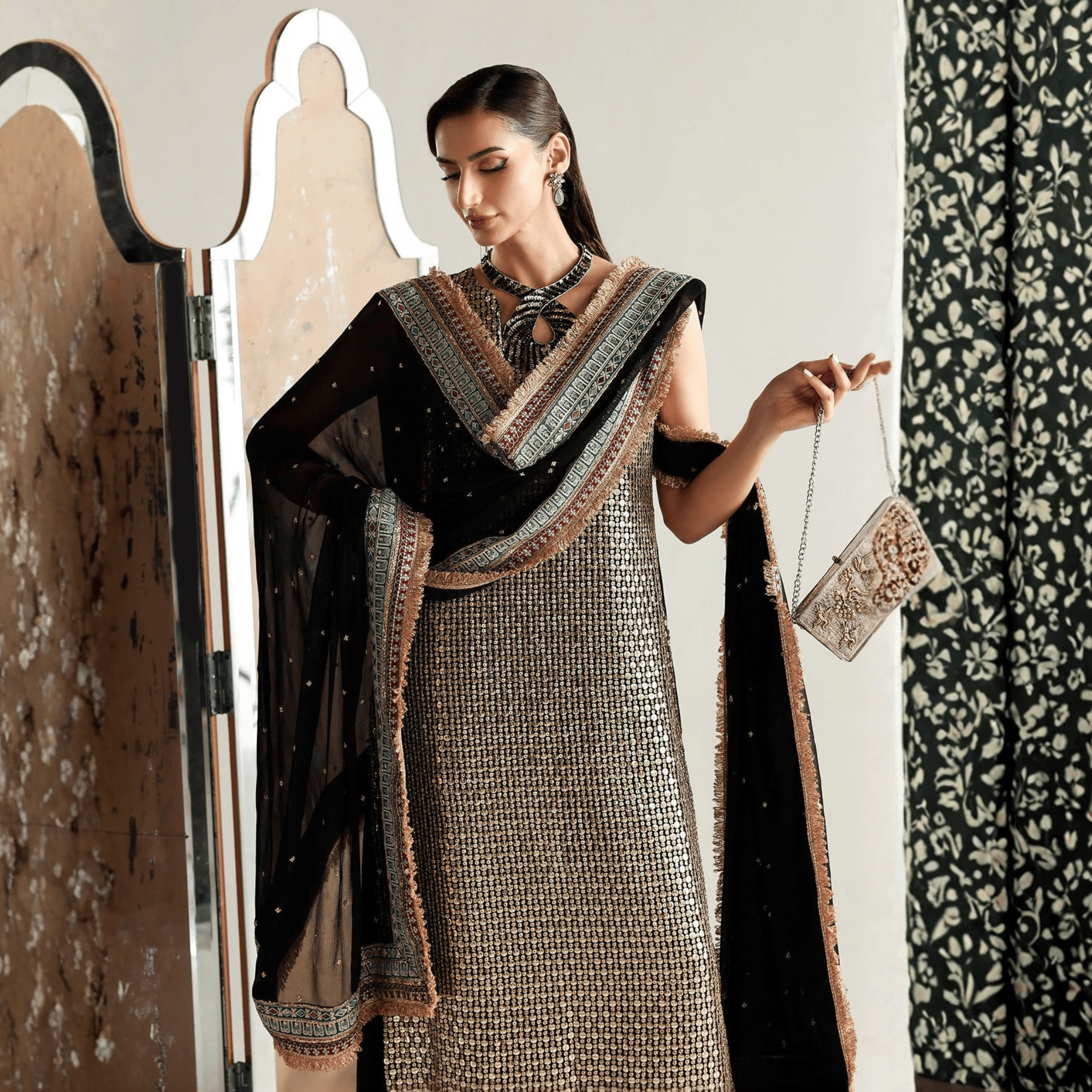 • Clothing: Embroidered/Printed suit for women - Made of best quality fabric - lawn or linen or chiffon - pure silk - Available at Najma Designs & Co. • Jewelry: Gold - plated stud earrings for