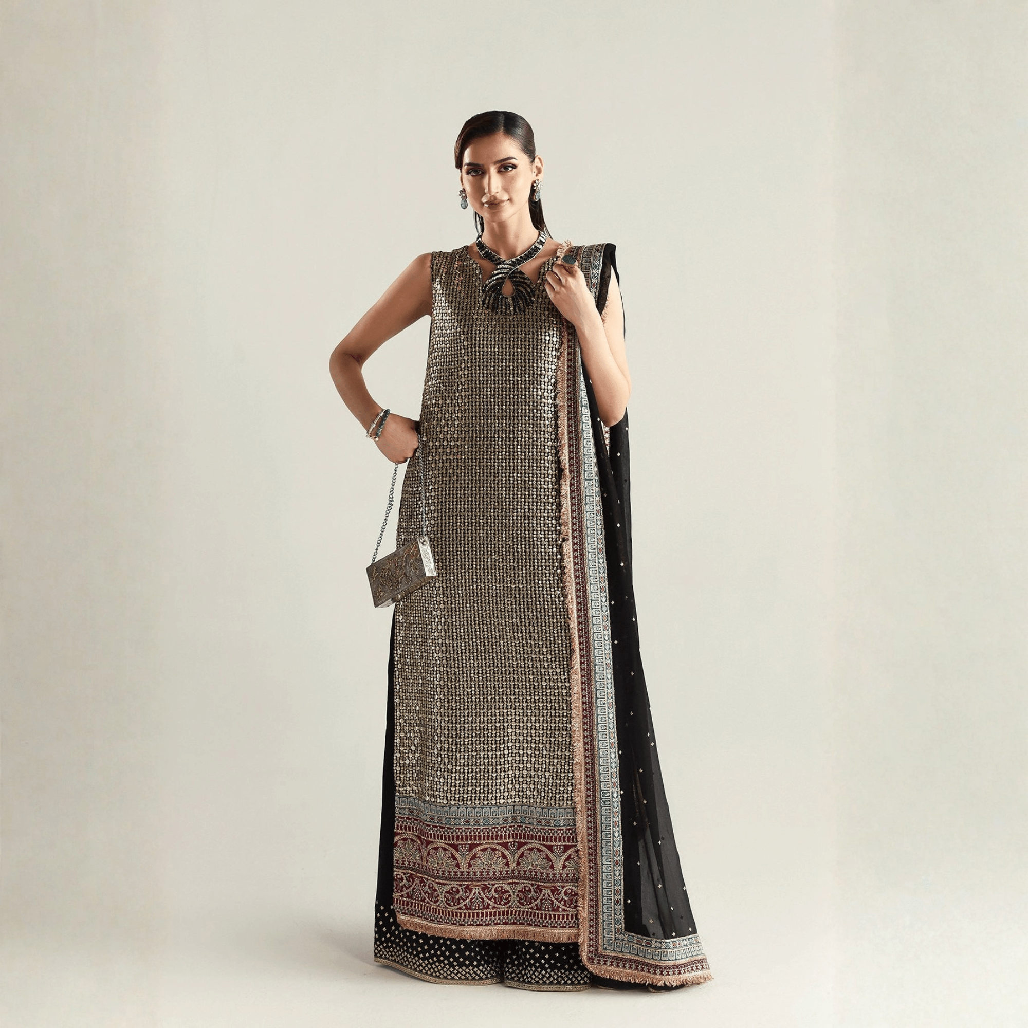 • Clothing: Embroidered/Printed suit for women - Made of best quality fabric - lawn or linen or chiffon - pure silk - Available at Najma Designs & Co. • Jewelry: Gold - plated stud earrings for