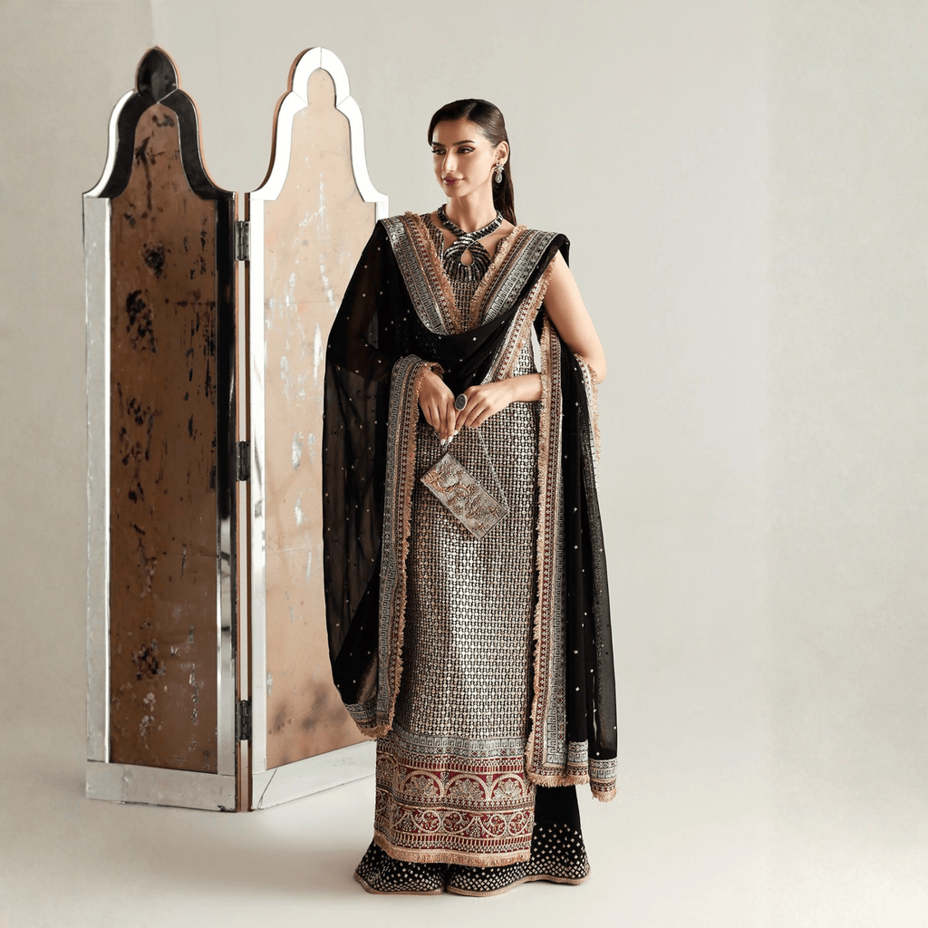 • Clothing: Embroidered/Printed suit for women - Made of best quality fabric - lawn or linen or chiffon - pure silk - Available at Najma Designs & Co. • Jewelry: Gold - plated stud earrings for