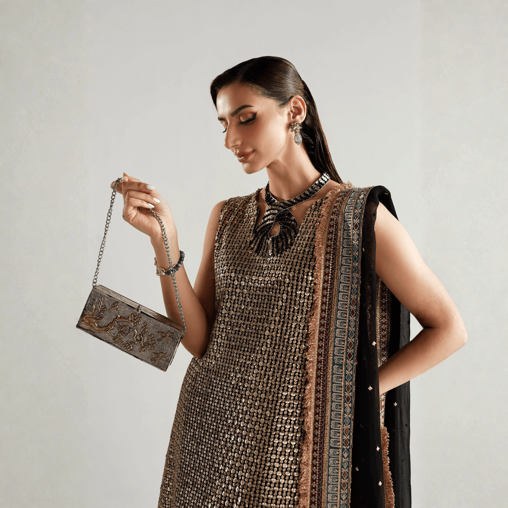 • Clothing: Embroidered/Printed suit for women - Made of best quality fabric - lawn or linen or chiffon - pure silk - Available at Najma Designs & Co. • Jewelry: Gold - plated stud earrings for
